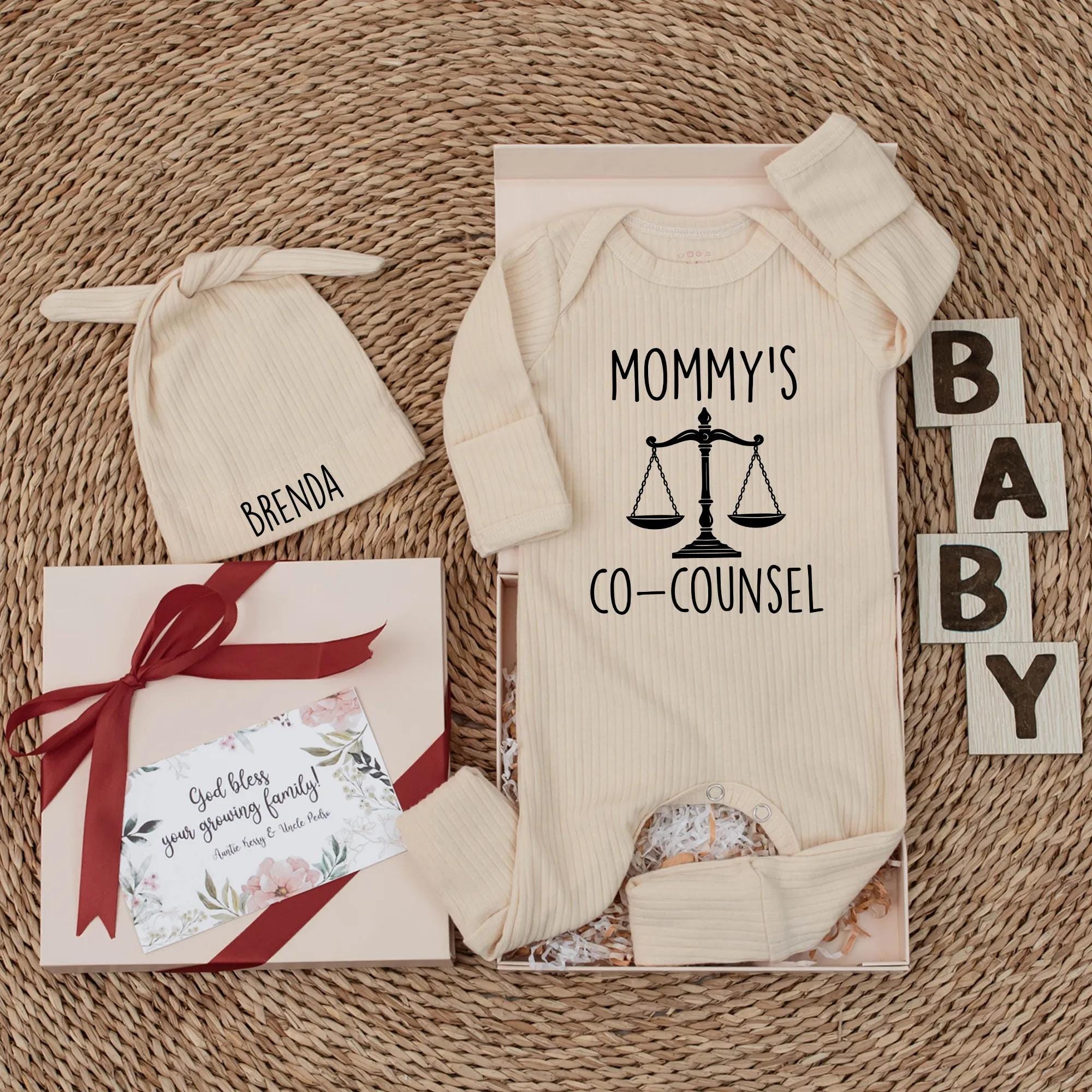 Mommy's Co-Counsel Baby Bodysuit with Scales of Justice Graphic Cute Newborn Outfit Gift for Attorney Moms Personalized Future Lawyer