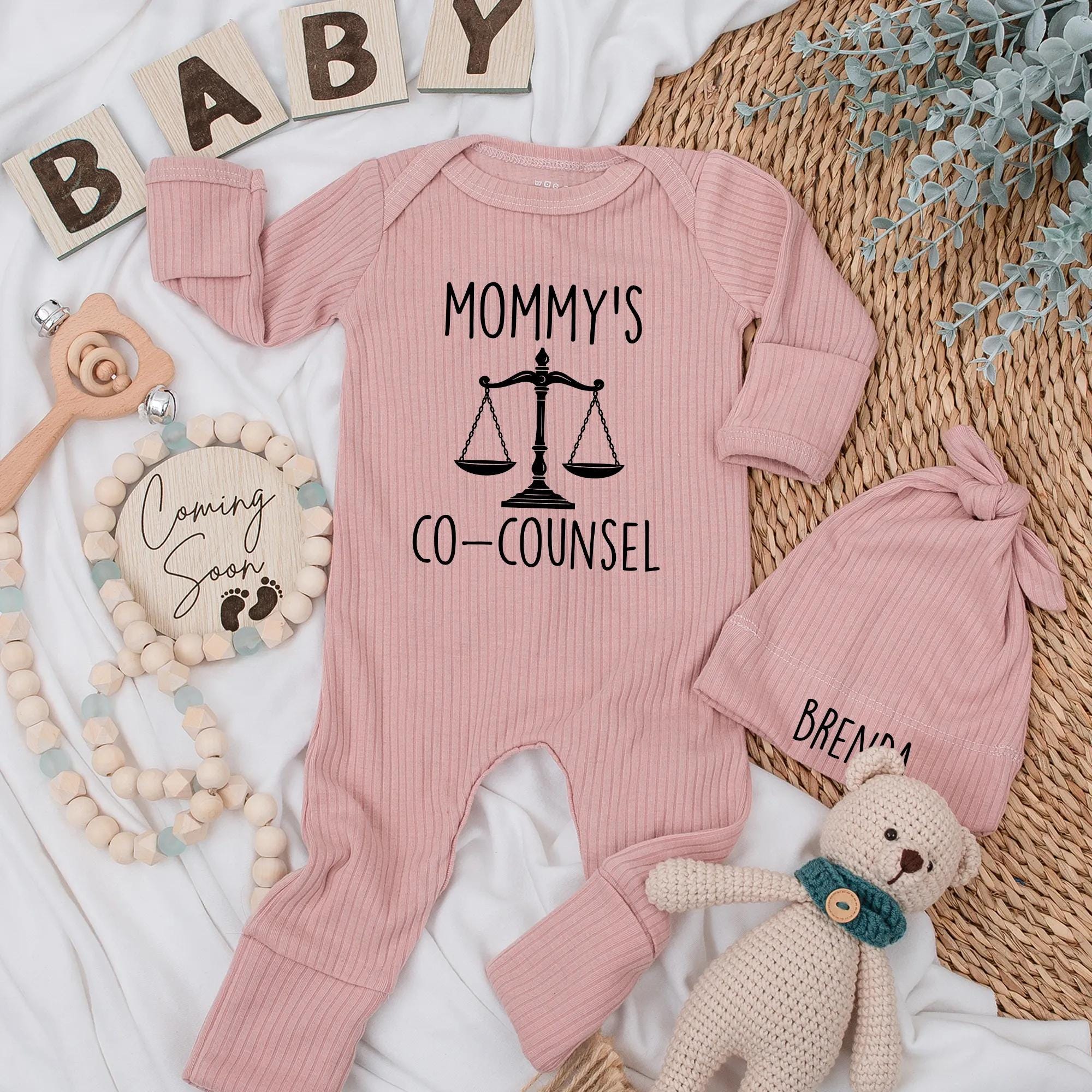 Mommy's Co-Counsel Baby Bodysuit with Scales of Justice Graphic Cute Newborn Outfit Gift for Attorney Moms Personalized Future Lawyer