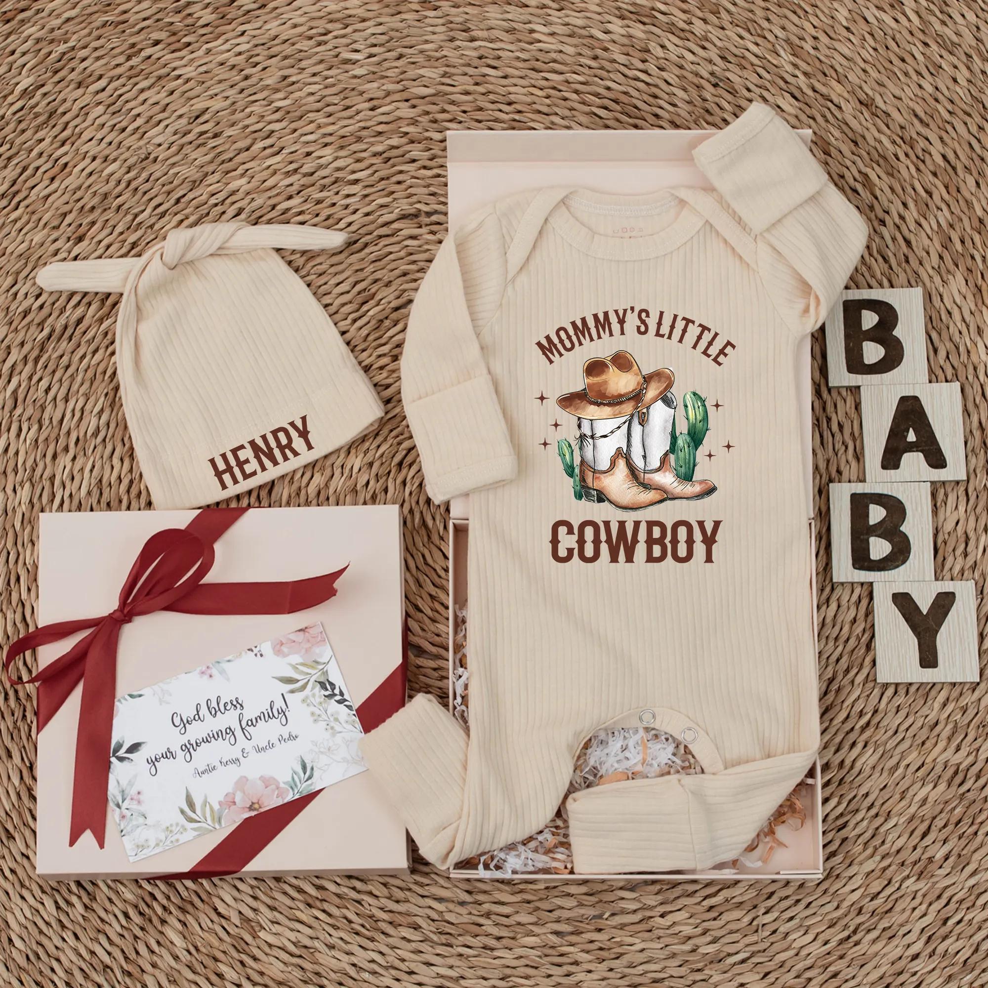 Mommy's Little Cowboy Bodysuit Custom Name Baby Outfit Western Theme Gift with Cowboy Boots Hat Cacti Design Infant Boy Shower Present