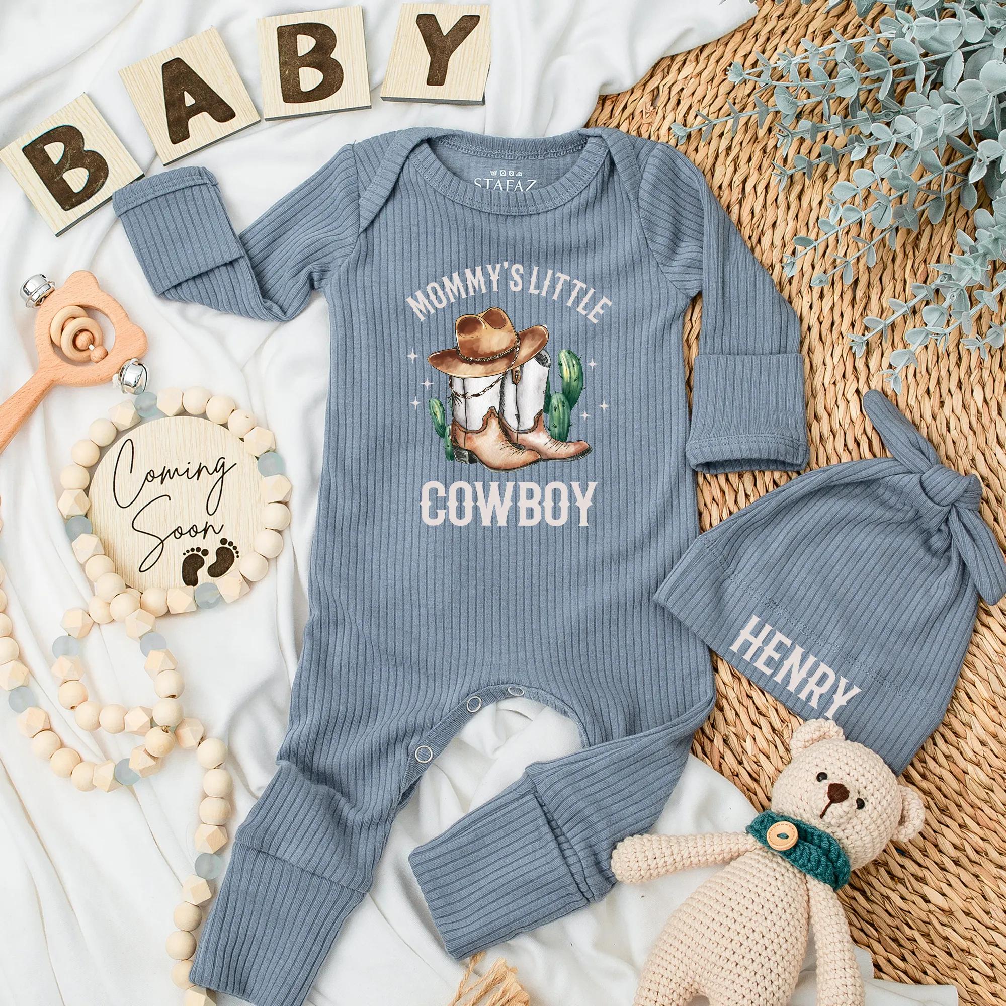 Mommy's Little Cowboy Bodysuit Custom Name Baby Outfit Western Theme Gift with Cowboy Boots Hat Cacti Design Infant Boy Shower Present