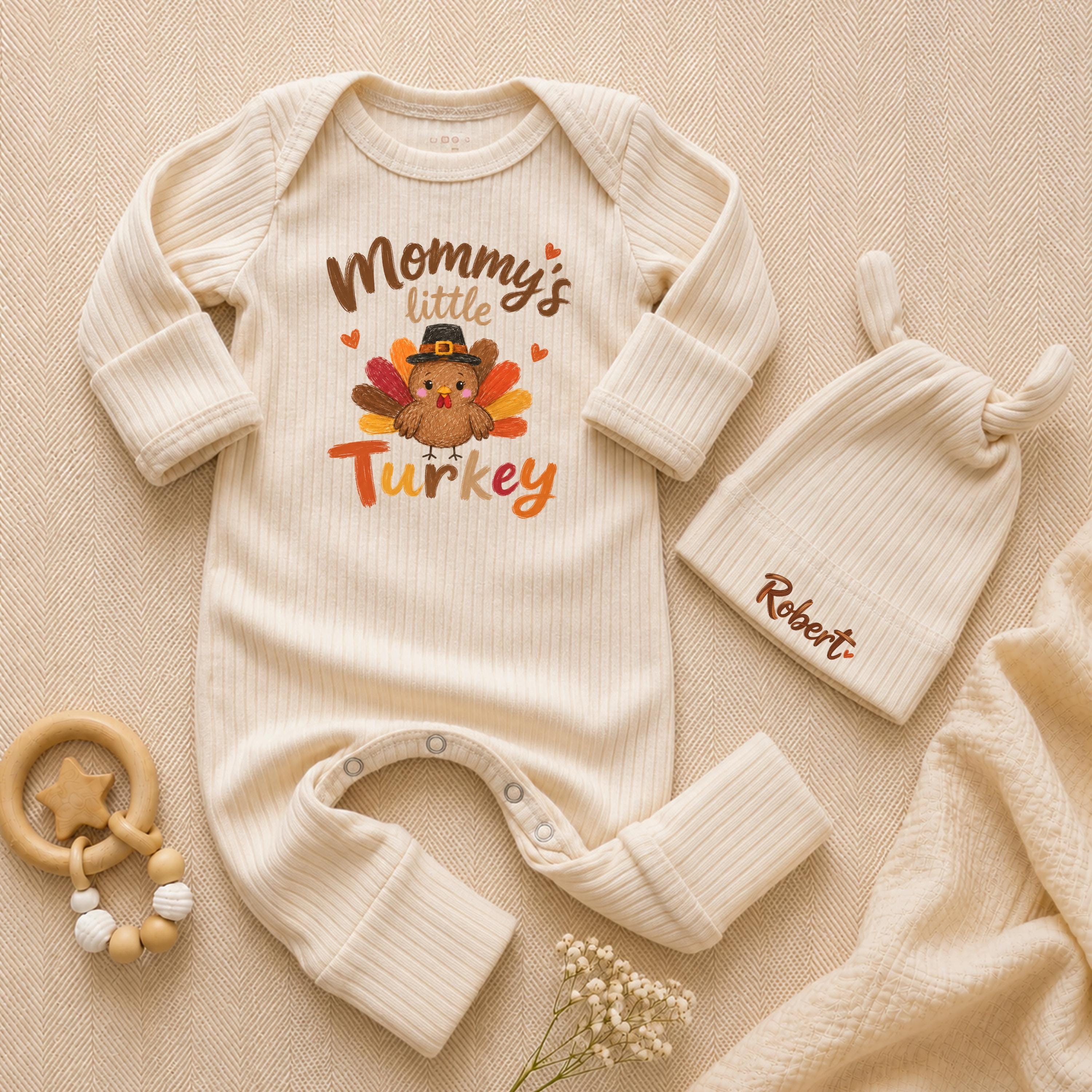Mommy's Little Turkey Baby Bodysuit and Custom Name Hat Set, Thanksgiving Newborn Outfit, Adorable Fall Baby Shower Gift