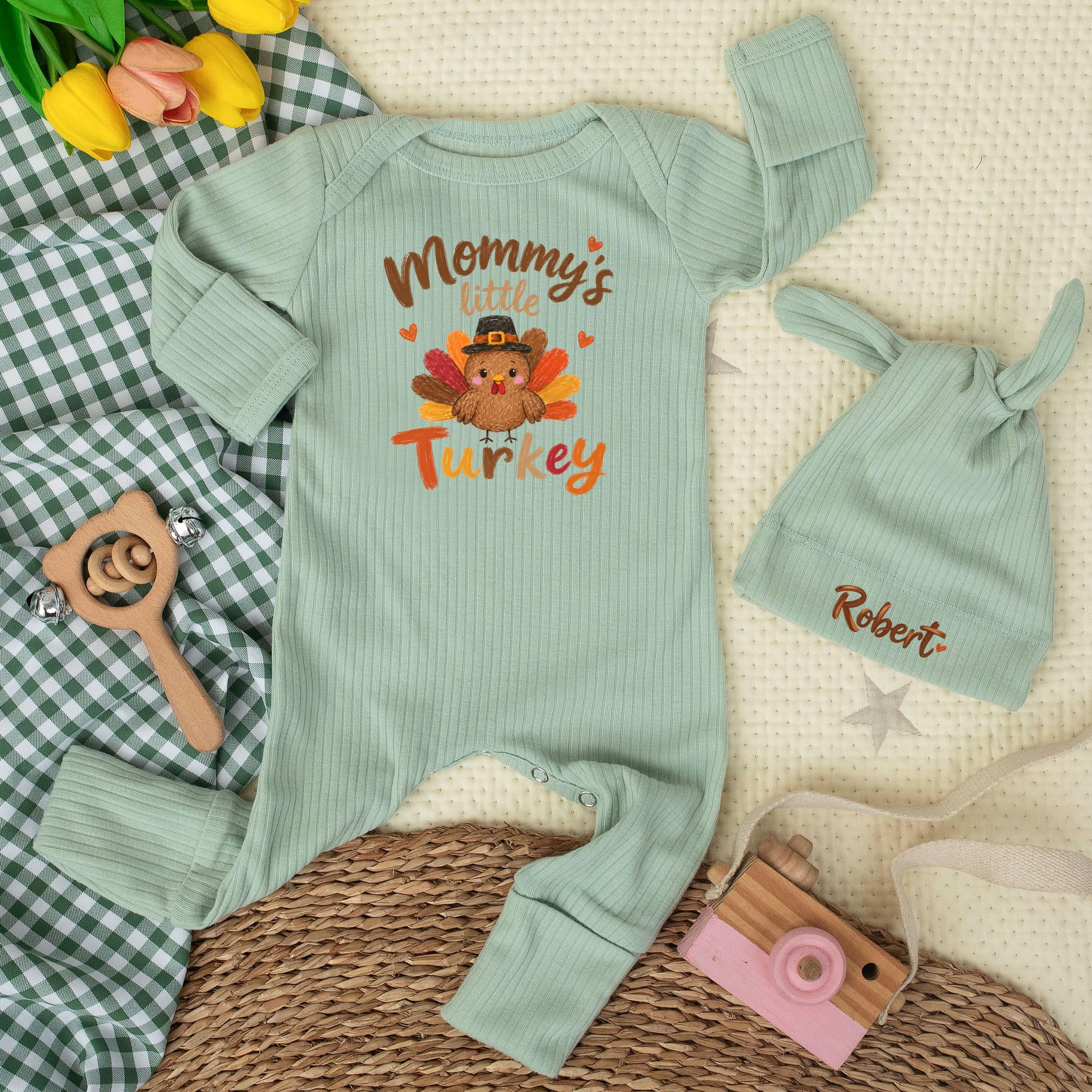 Mommy's Little Turkey Baby Bodysuit and Custom Name Hat Set, Thanksgiving Newborn Outfit, Adorable Fall Baby Shower Gift