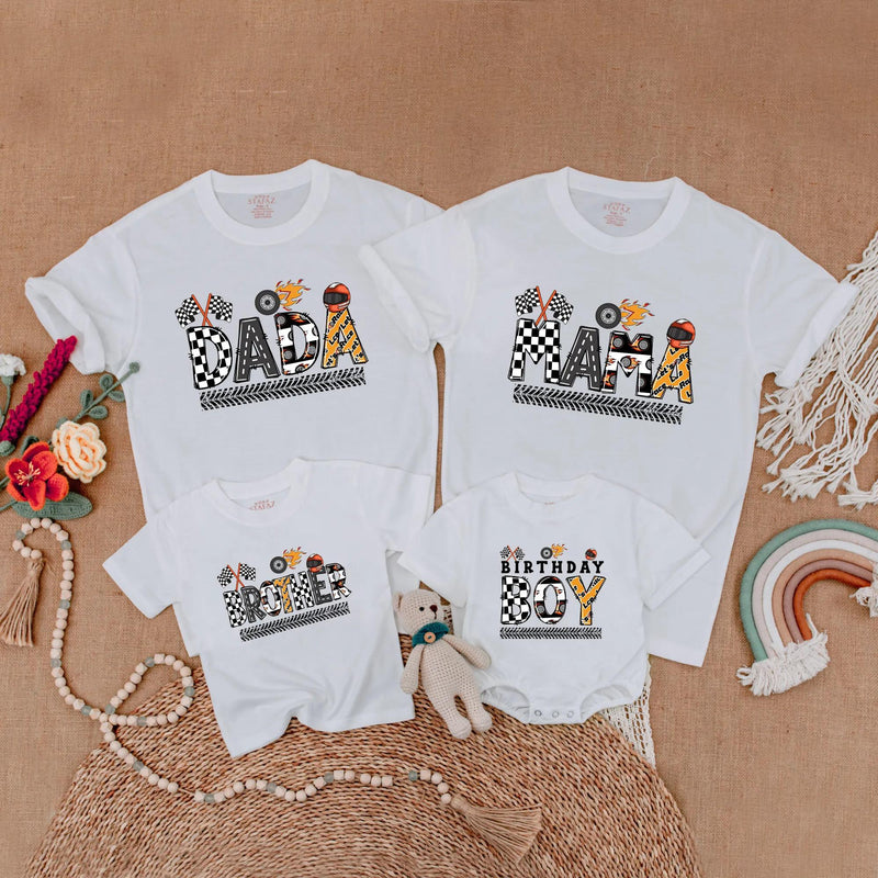 Monster Truck Birthday Matching Family Shirts Race Car Party Outfits Custom Dada Mama Brother Baby Boy 1st Birthday Gift Fun Design