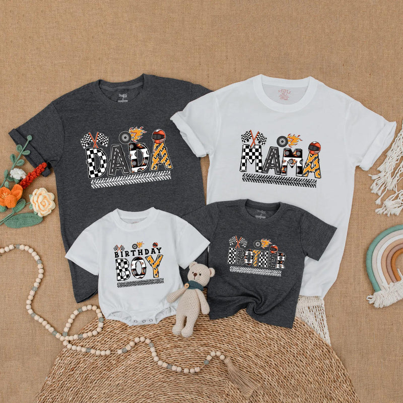 Monster Truck Birthday Matching Family Shirts Race Car Party Outfits Custom Dada Mama Brother Baby Boy 1st Birthday Gift Fun Design