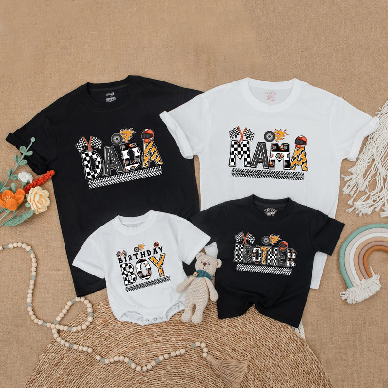 Monster Truck Birthday Matching Family Shirts Race Car Party Outfits Custom Dada Mama Brother Baby Boy 1st Birthday Gift Fun Design