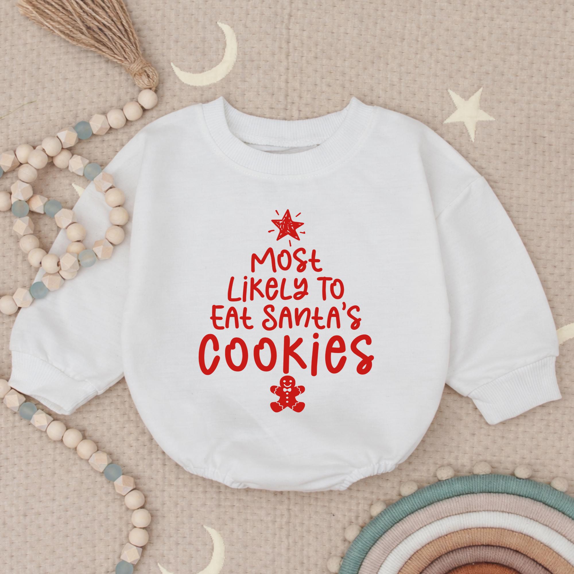 Most Likely To Eat Santa's Cookies Baby Sweatshirt with Gingerbread Artwork, Funny Christmas Infant Outfit, Holiday Baby Shower Gift