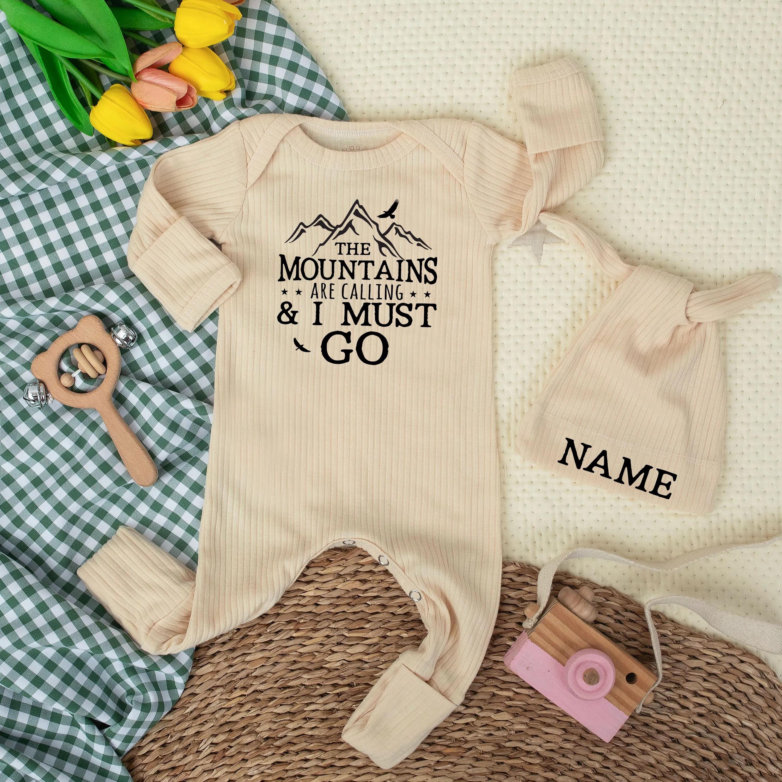 The Mountains Are Calling Baby Bodysuit with Matching Custom Name Hat, Nature-Themed Newborn Outfit, Baby Shower Gift for Adventurers