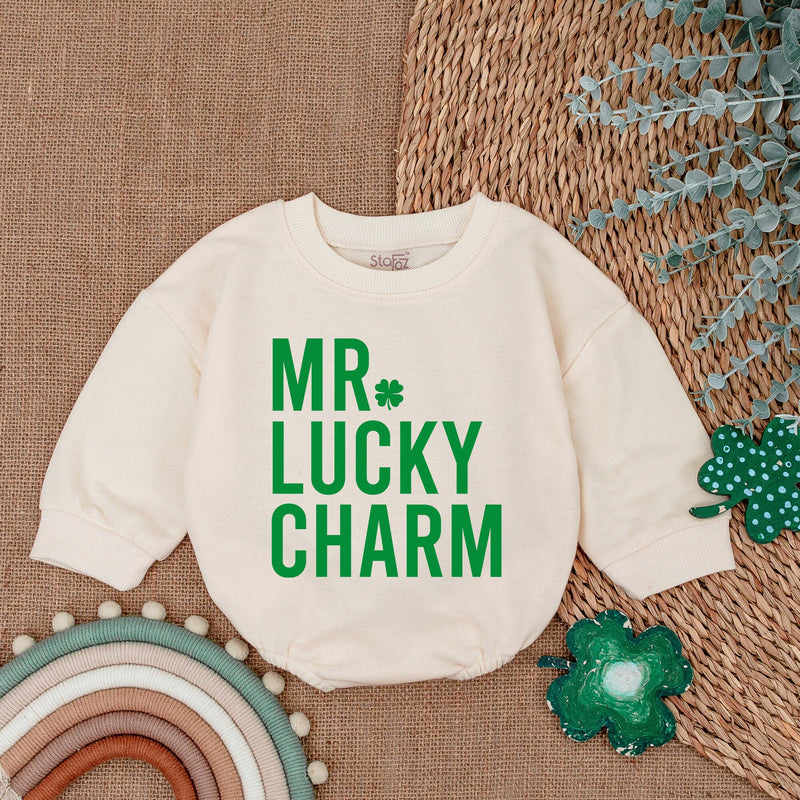 MR Lucky Charm Baby Romper St Patrick's Day Outfit Light Mauve Infant Bodysuit Soft Cotton Festive Shamrock Design Newborn Clothes