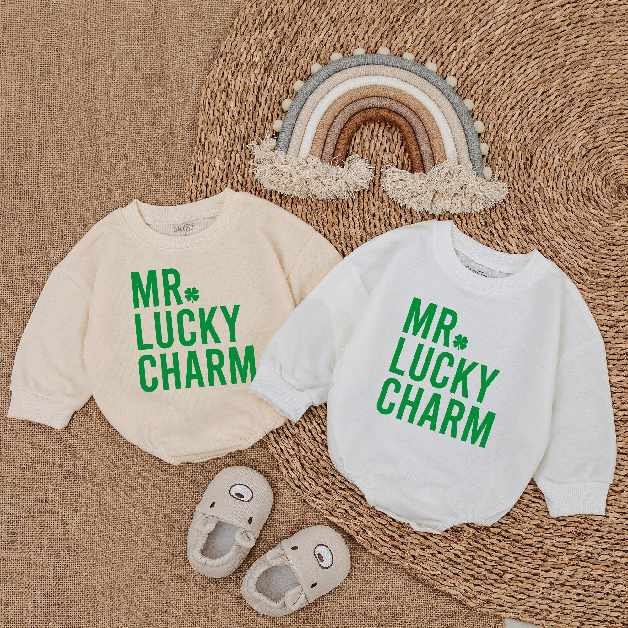 MR Lucky Charm Baby Romper St Patrick's Day Outfit Light Mauve Infant Bodysuit Soft Cotton Festive Shamrock Design Newborn Clothes