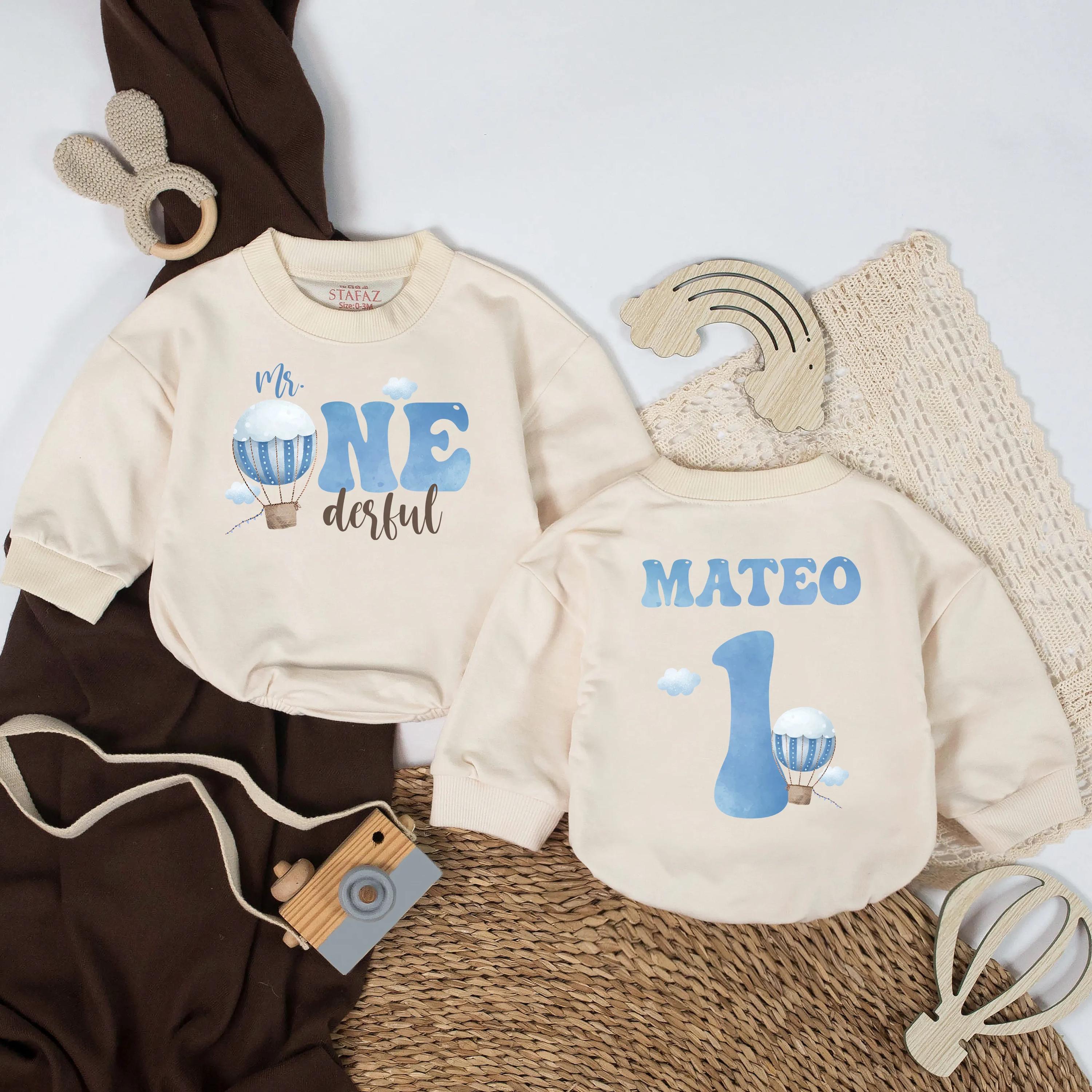Mr. ONEderful Baby Romper with Hot Air Balloon Artwork and Custom Name, 1st Birthday Cake Smash Outfit for Baby Boy