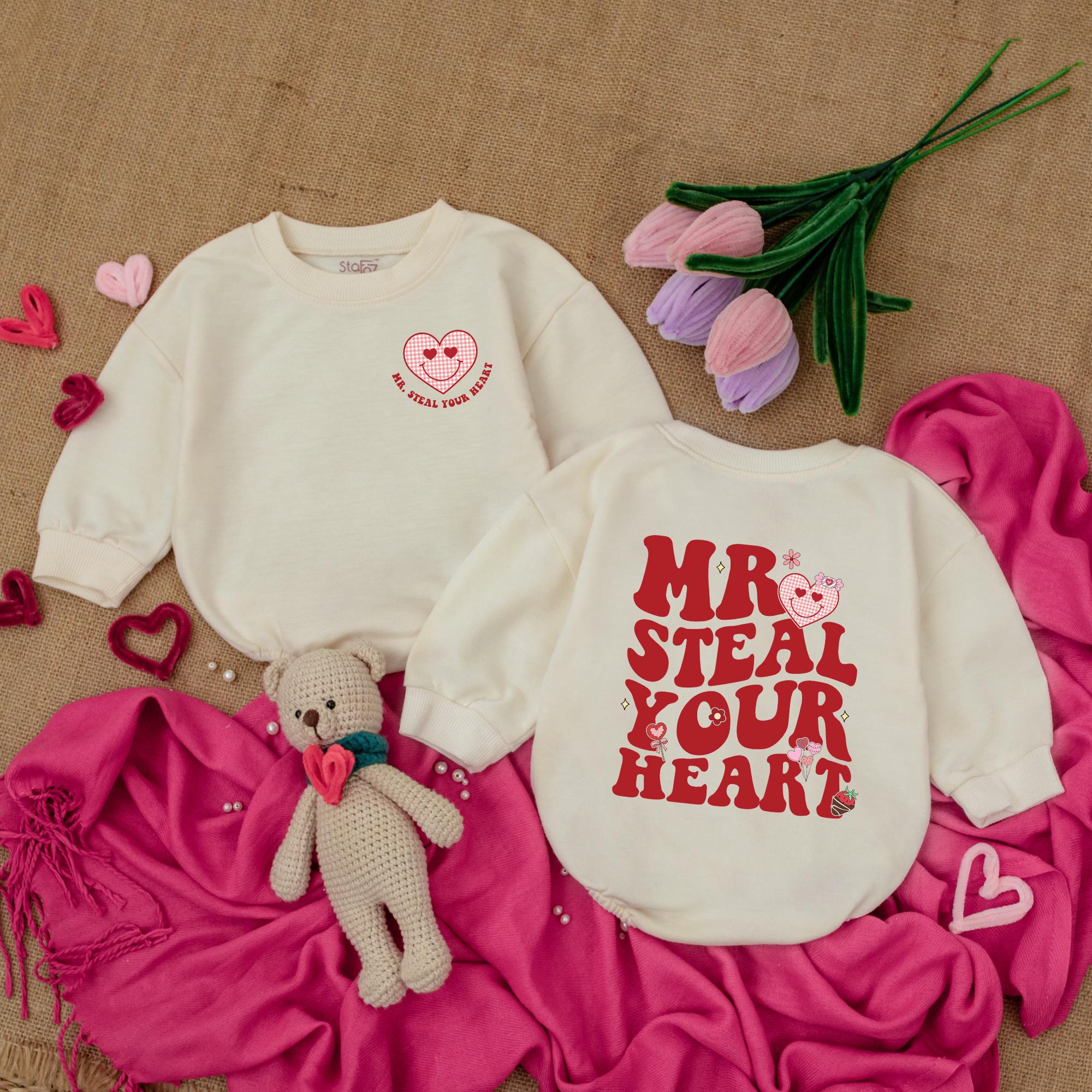 Mr Steal Your Heart Baby Bodysuit with Cute Pink Heart Valentine Outfit Soft Cotton Newborn Romper Playful Baby Clothes Gift