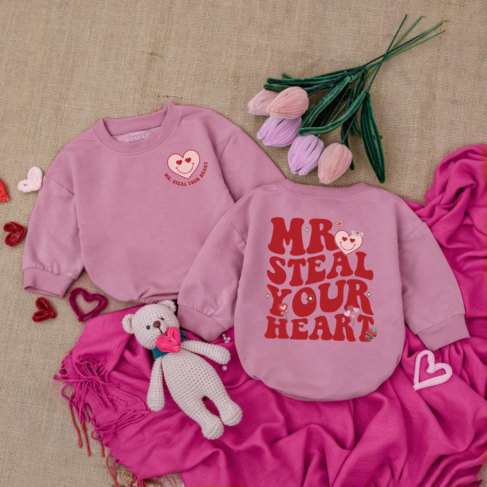 Mr Steal Your Heart Baby Bodysuit with Cute Pink Heart Valentine Outfit Soft Cotton Newborn Romper Playful Baby Clothes Gift