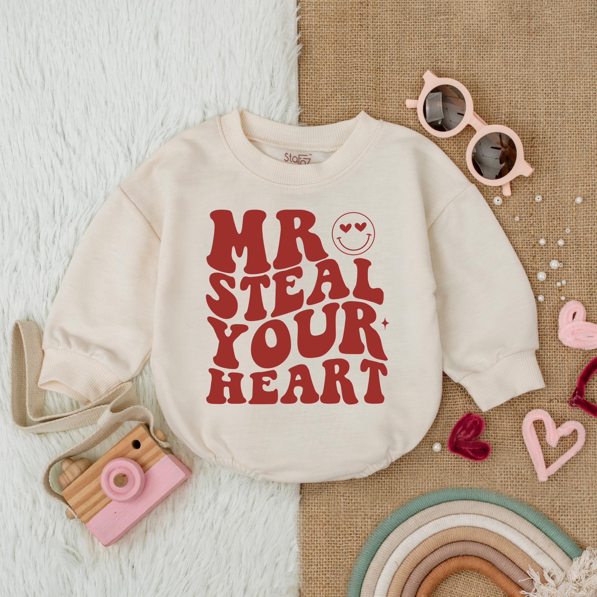 Mr Steal Your Heart Baby Boy Romper Smiley Face Valentine Bodysuit First Valentines Day Outfit Fun Red Design Comfortable Gift