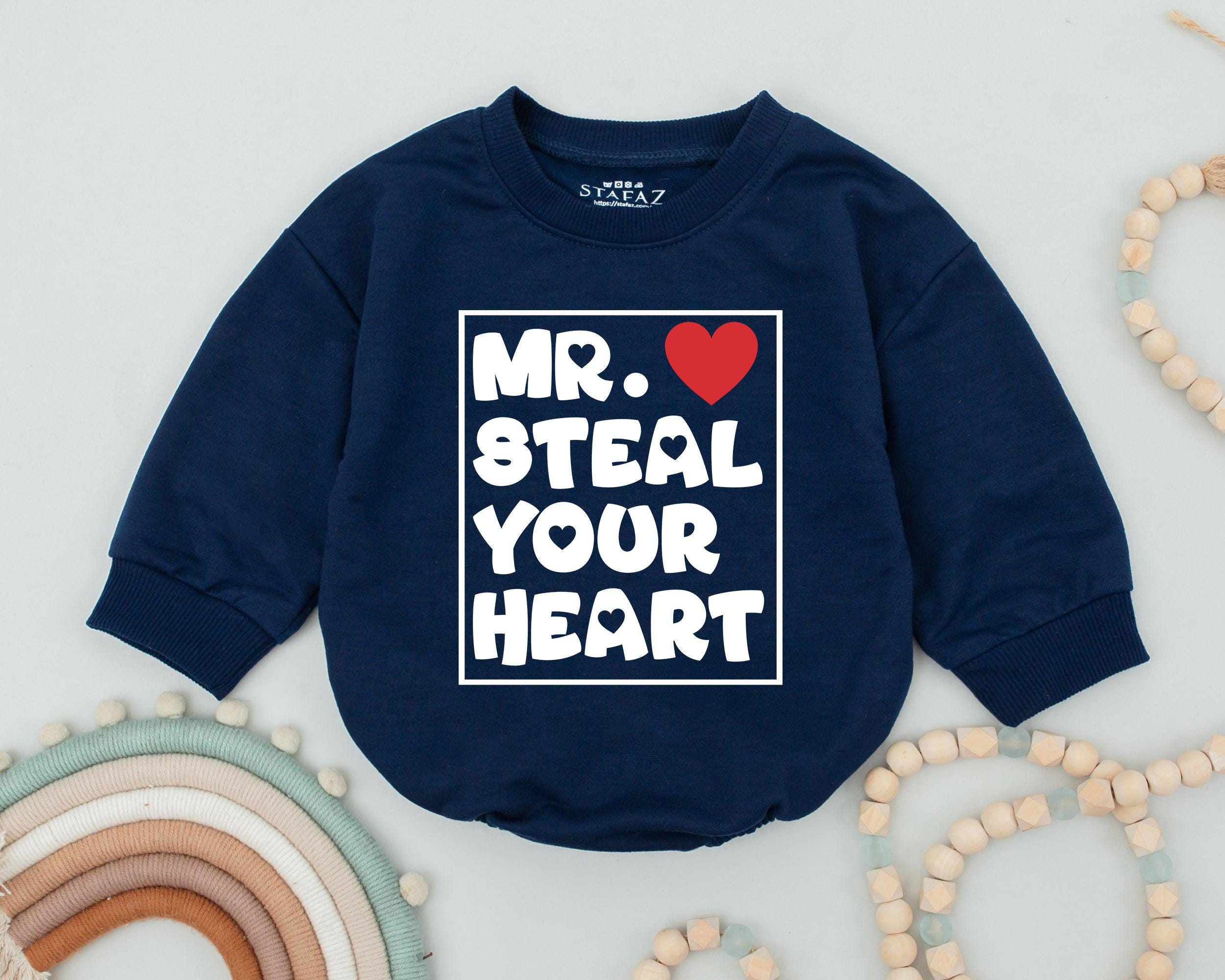Mr. Steal Your Heart Baby Boy Valentines Romper First Holiday Outfit Cute Infant Bodysuit Red Heart Design Baby Shower Gift