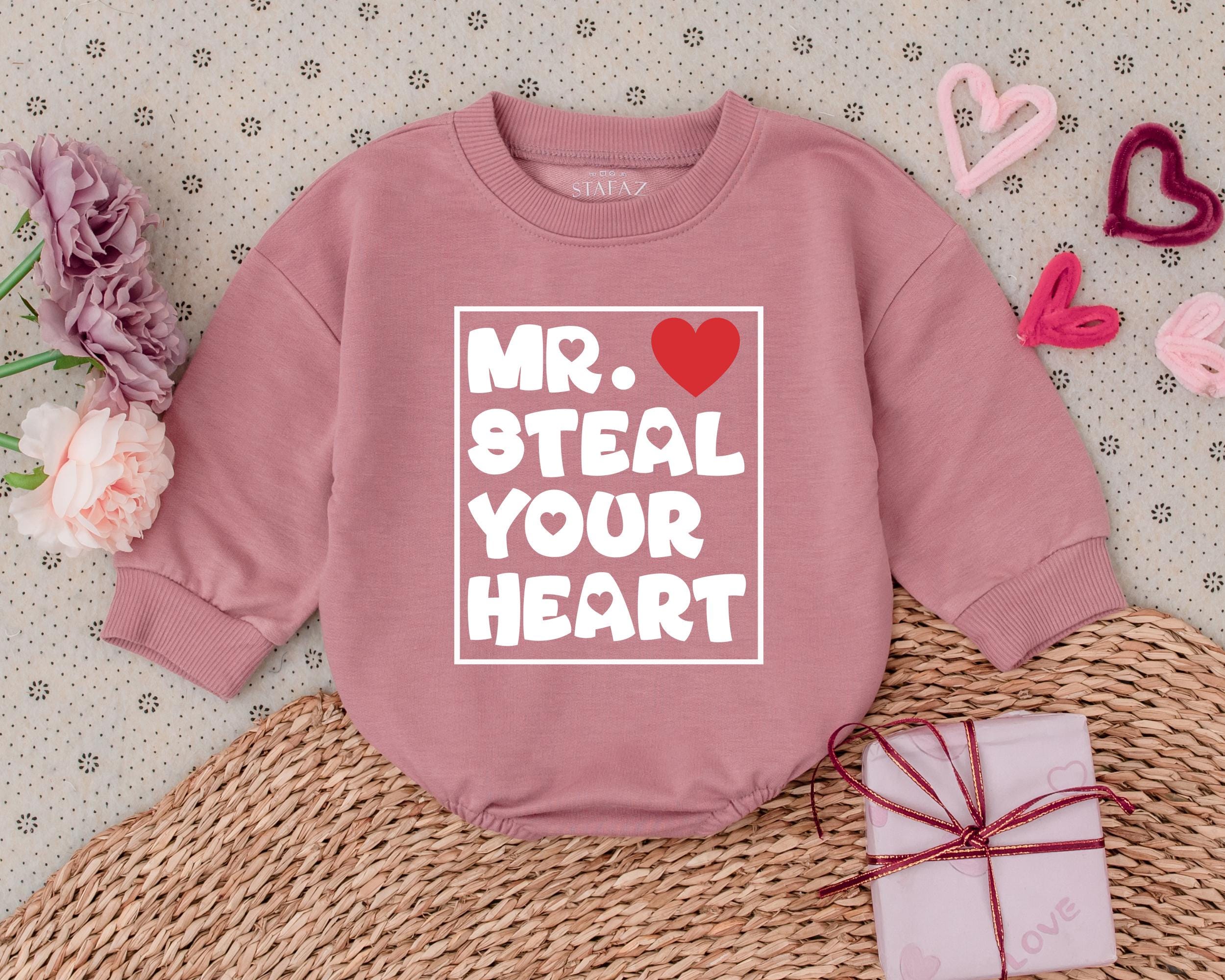 Mr. Steal Your Heart Baby Boy Valentines Romper First Holiday Outfit Cute Infant Bodysuit Red Heart Design Baby Shower Gift