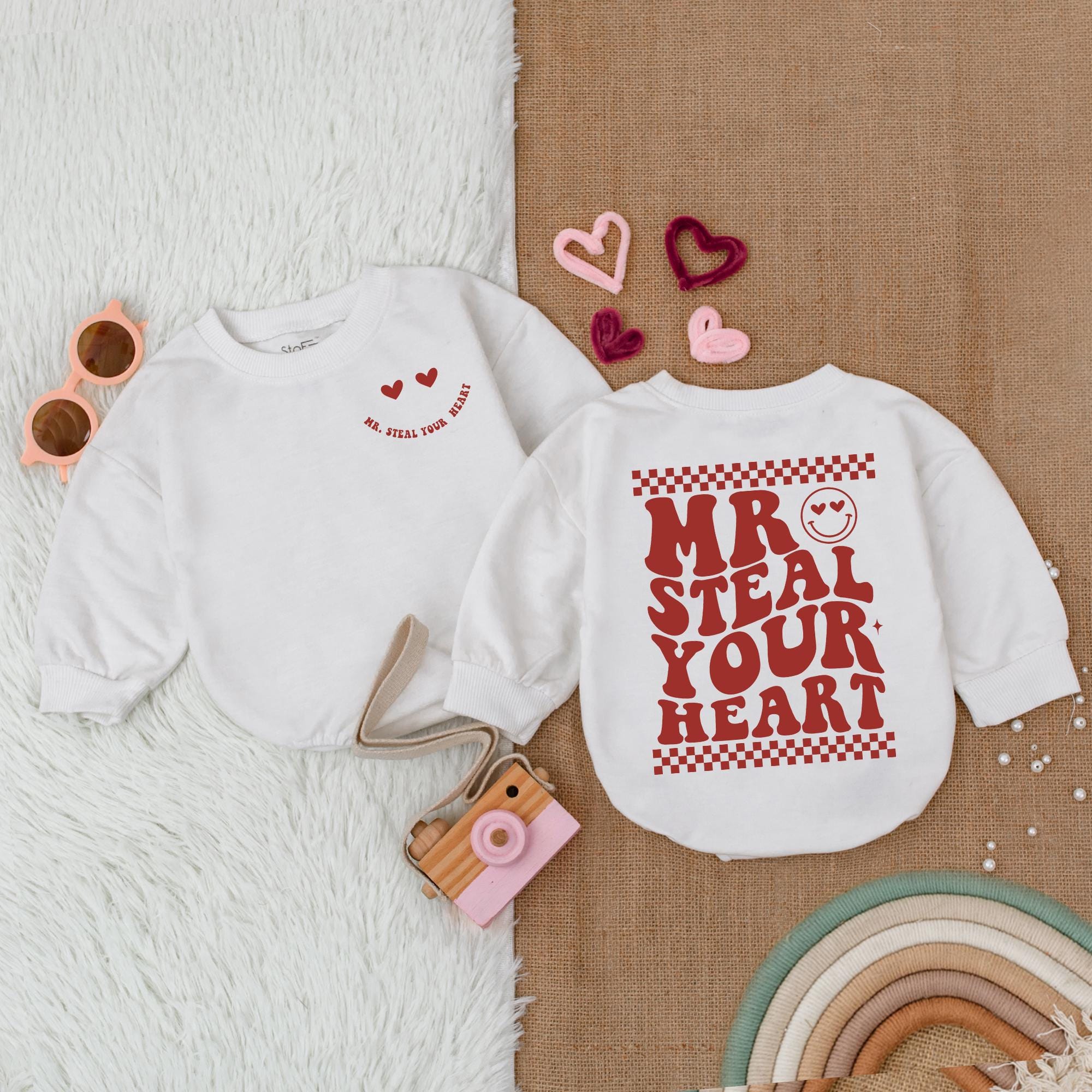 Mr Steal Your Heart Baby Boy Valentine's Romper Fun Red Text Bodysuit with Smiley Face Heart Graphic First Valentine's Day Outfit