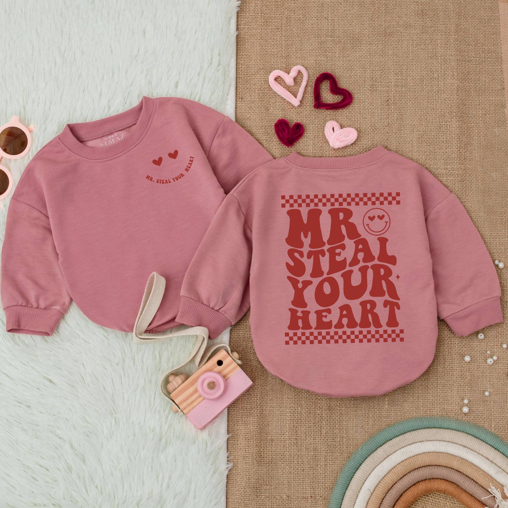 Mr Steal Your Heart Baby Boy Valentine's Romper Fun Red Text Bodysuit with Smiley Face Heart Graphic First Valentine's Day Outfit