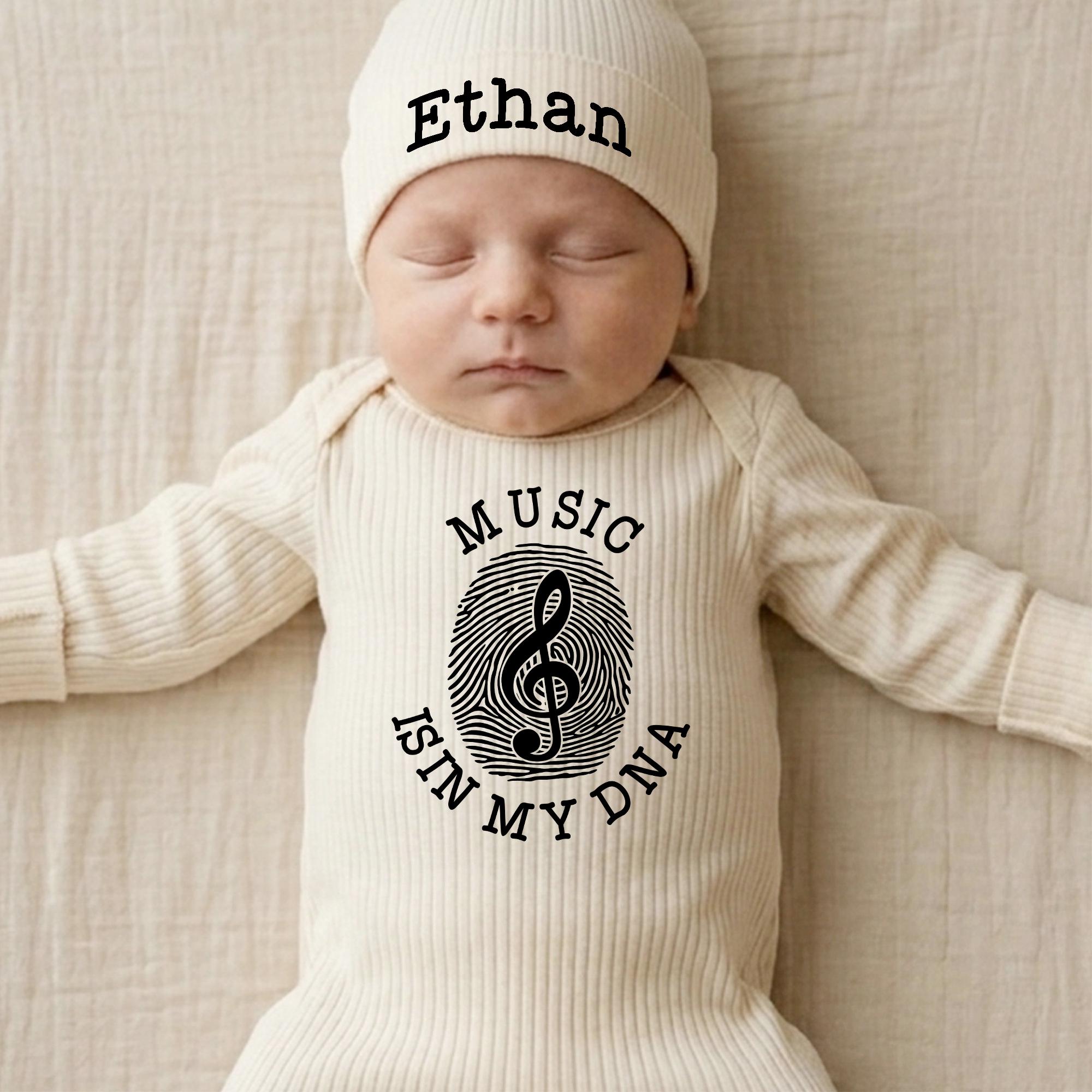 Music Is In My DNA Baby Bodysuit with Treble Clef Artwork and Custom Name Hat, Newborn Coming Home Outfit for Music Lovers