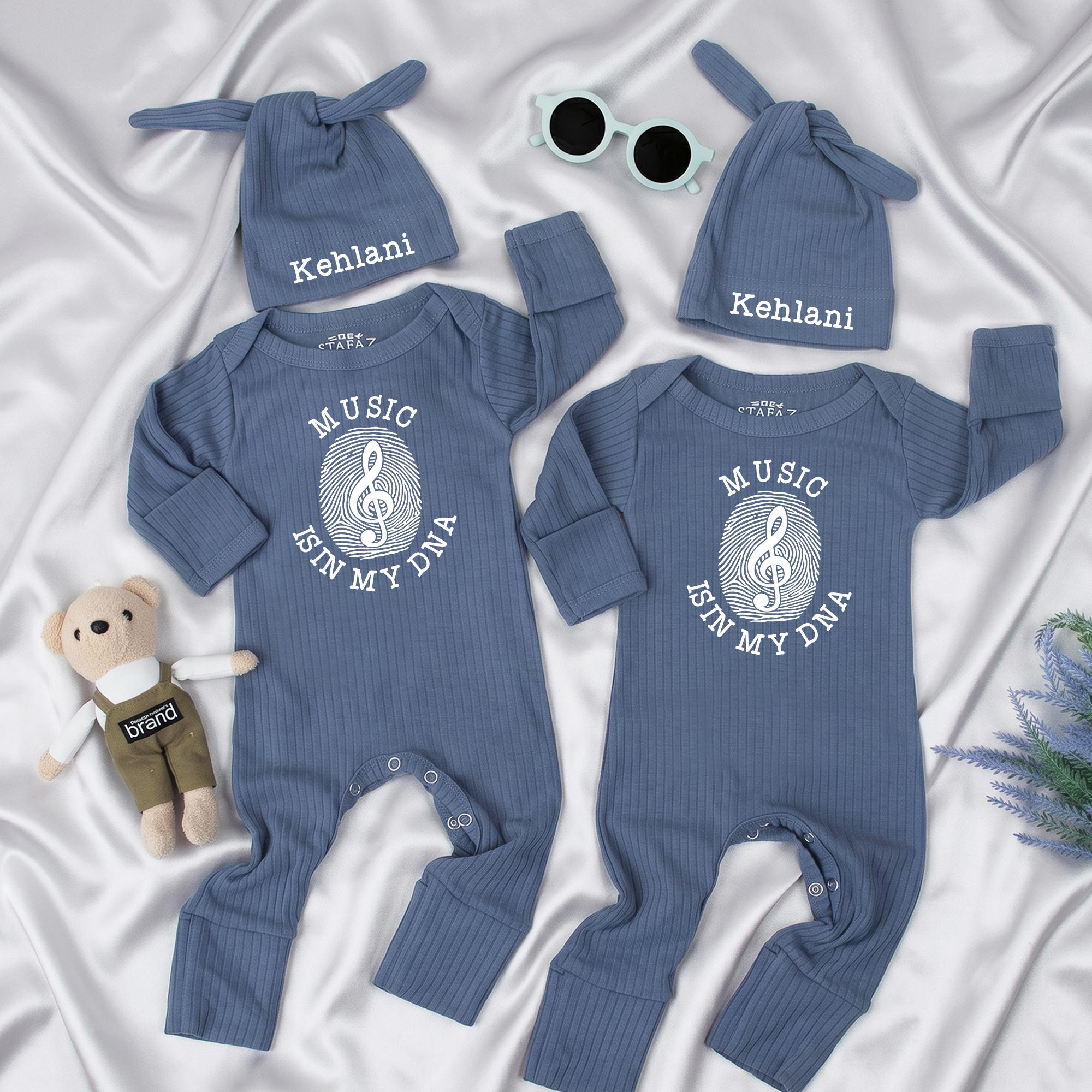 Music Is In My DNA Baby Bodysuit with Treble Clef Artwork and Custom Name Hat, Newborn Coming Home Outfit for Music Lovers