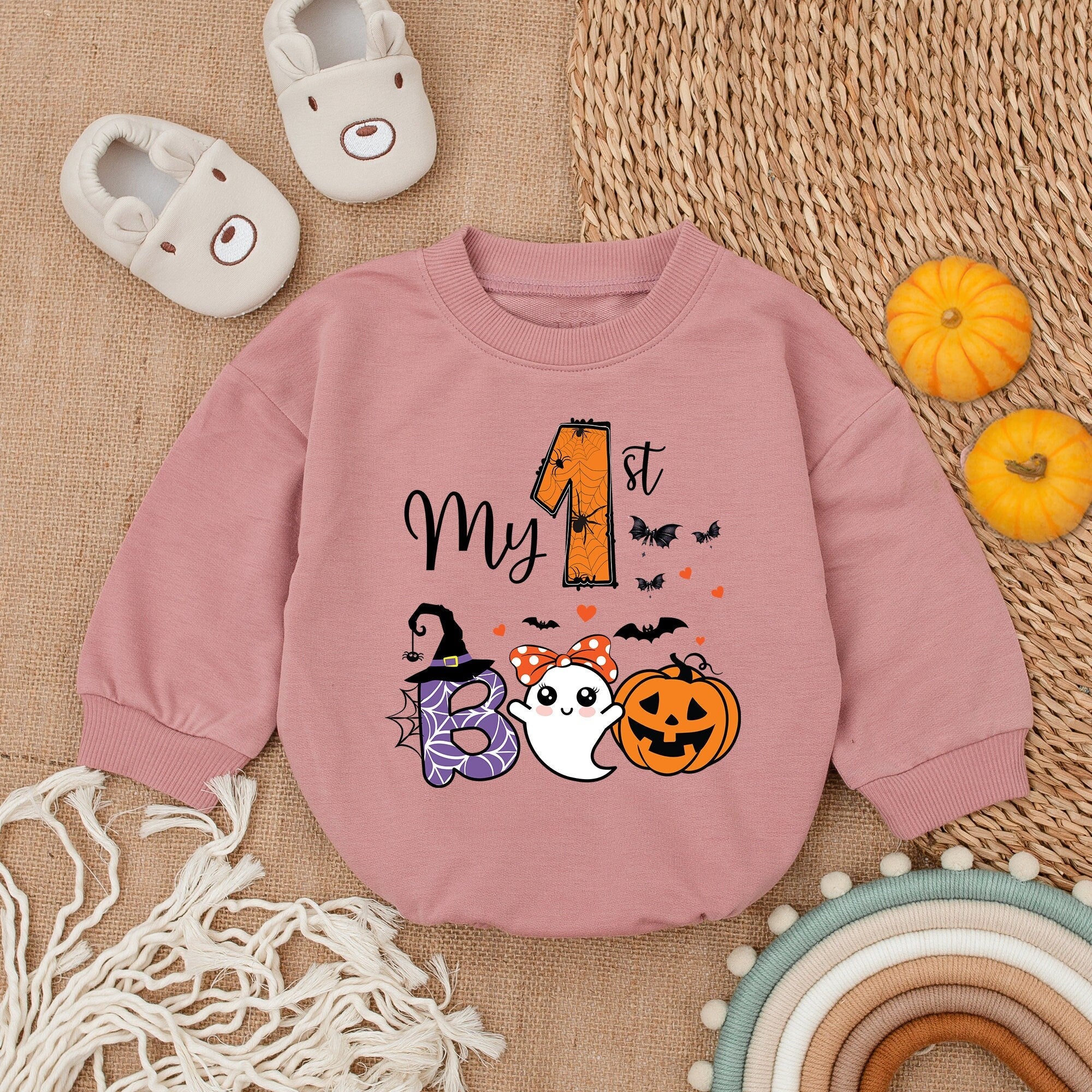My 1st Boo Halloween Baby Girl Romper Witch Hat Ghost Pumpkin Design Comfortable Cotton Outfit