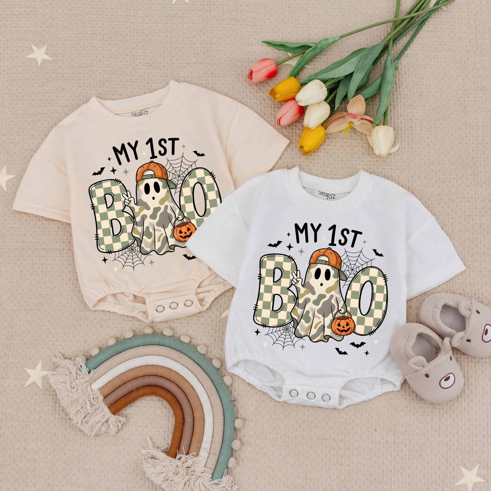 My 1st Boo Halloween Baby Romper with Checkerboard Ghost and Pumpkin Print, Infant Fall Outfit for Pumpkin Patch or Photoshoot