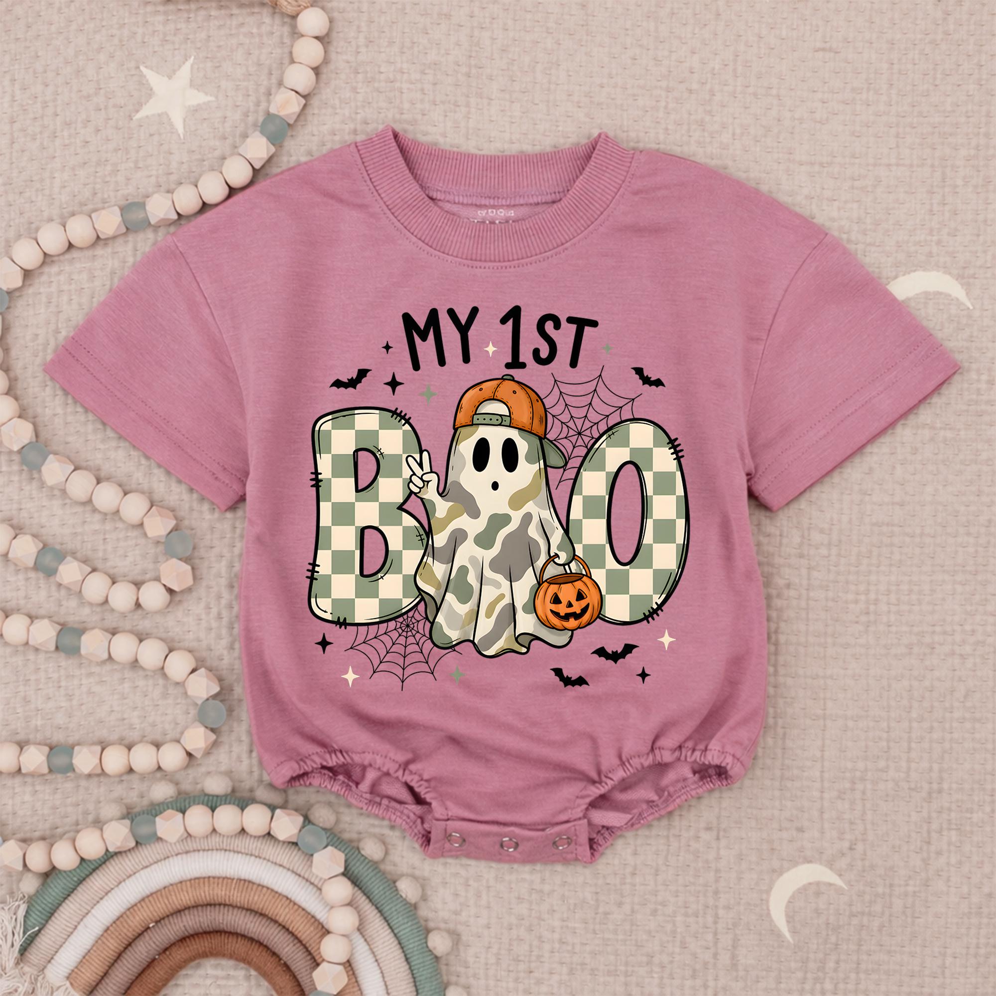 My 1st Boo Halloween Baby Romper with Checkerboard Ghost and Pumpkin Print, Infant Fall Outfit for Pumpkin Patch or Photoshoot