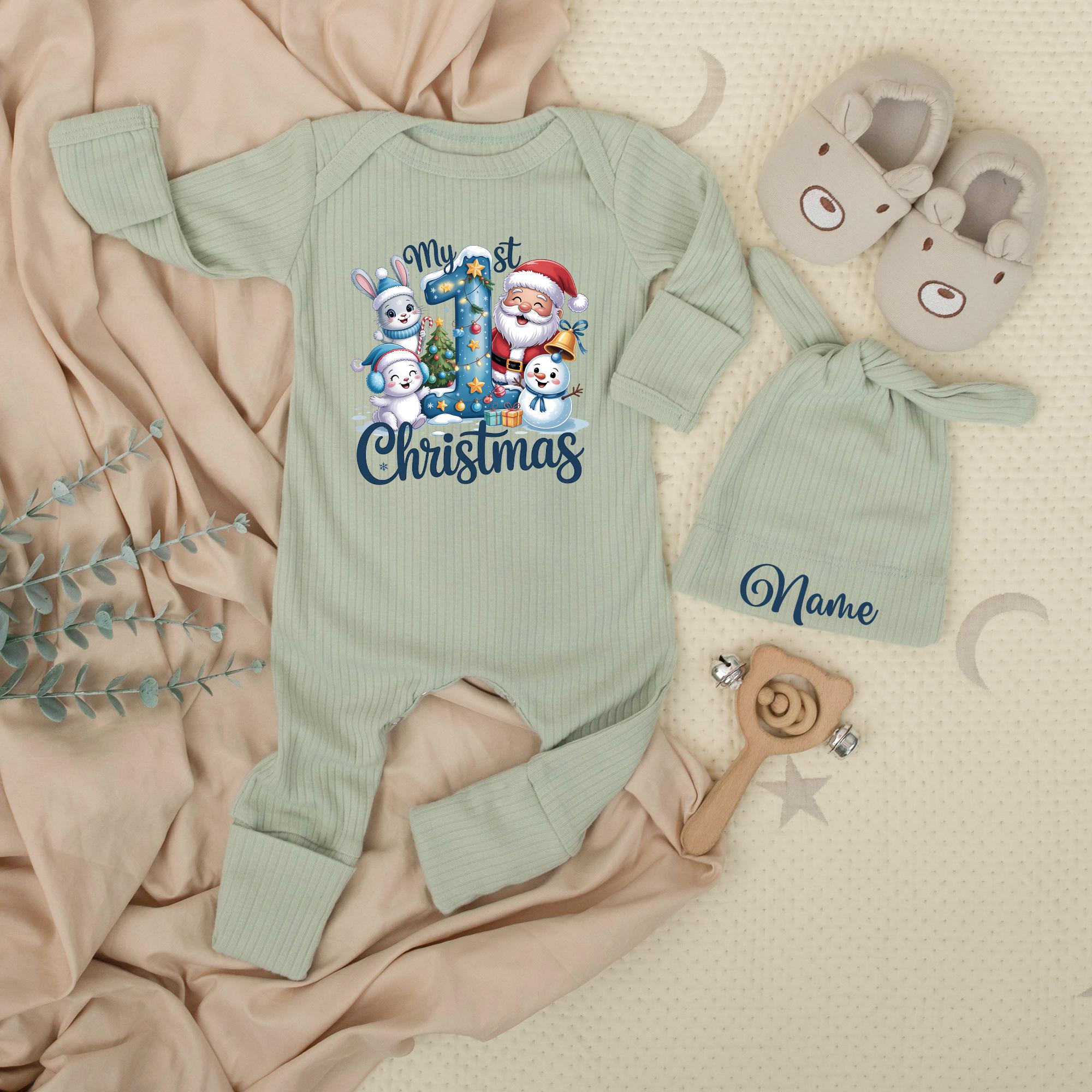 My 1st Christmas Baby Bodysuit and Hat Set Soft Cotton Winter Outfit Newborn Holiday Gift Long Sleeve Coming Home Party Clothes