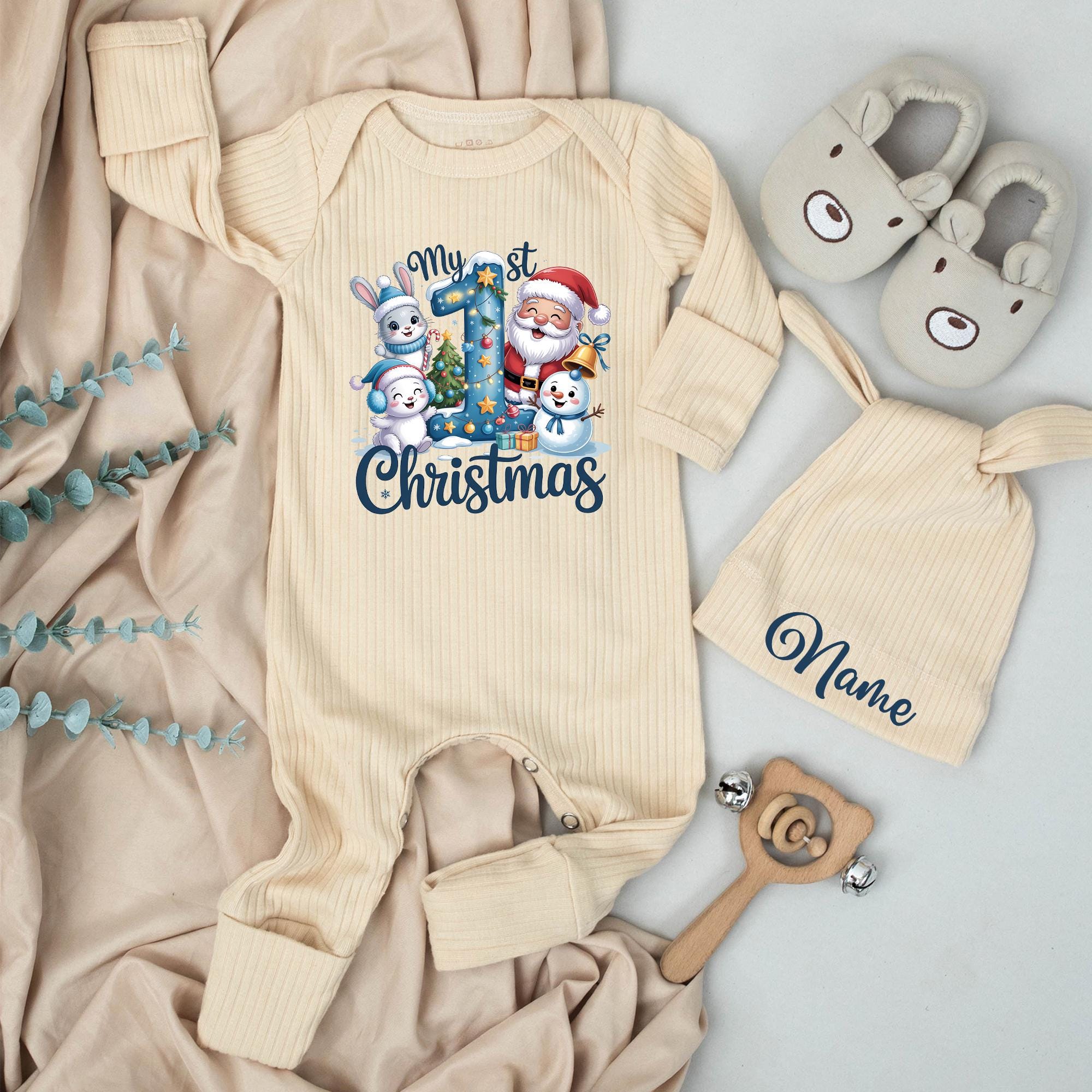 My 1st Christmas Baby Bodysuit and Hat Set Soft Cotton Winter Outfit Newborn Holiday Gift Long Sleeve Coming Home Party Clothes