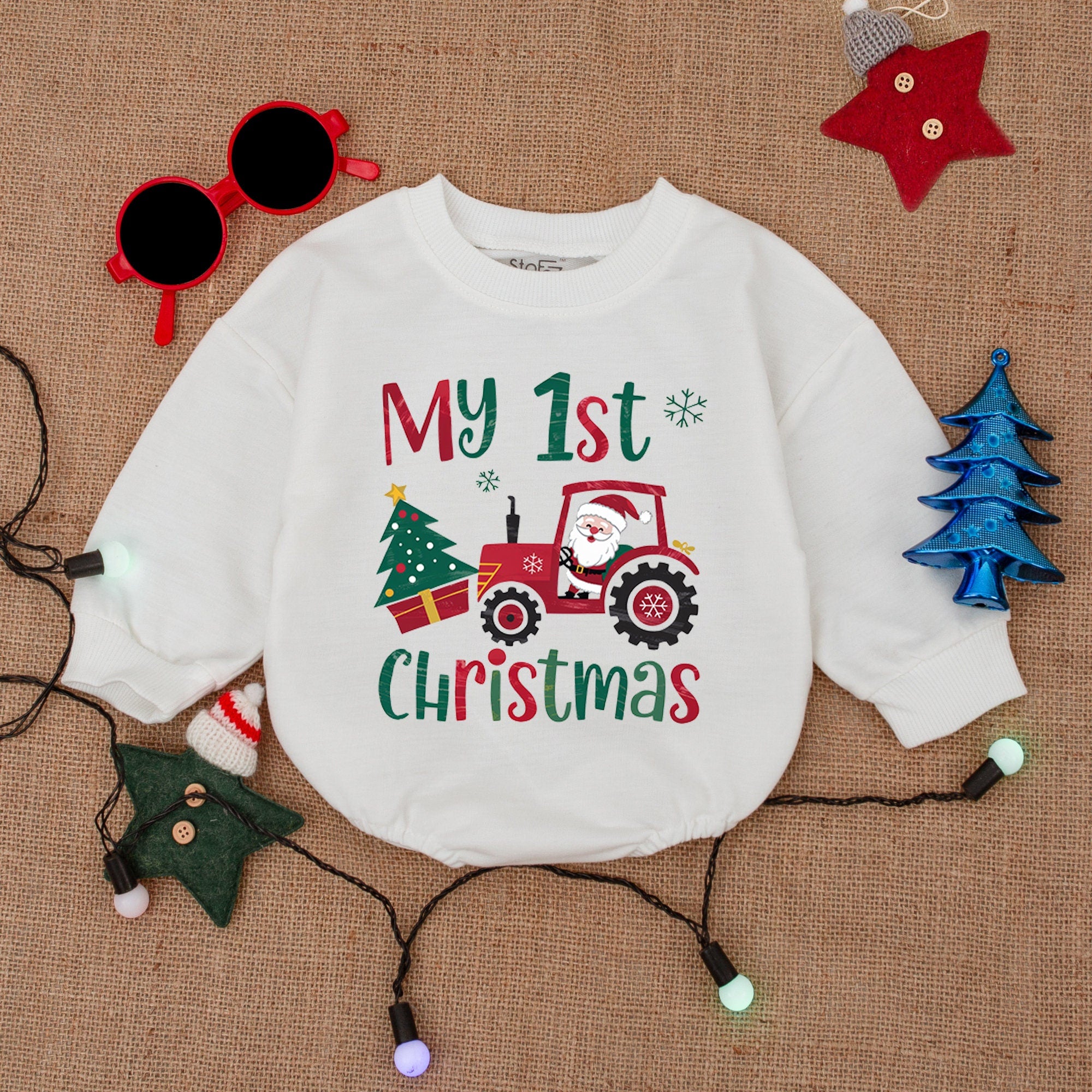 My 1st Christmas Baby Bodysuit with Red Tractor and Tree Newborn Holiday Outfit Cheerful Soft Cotton Snowflakes Gift Idea
