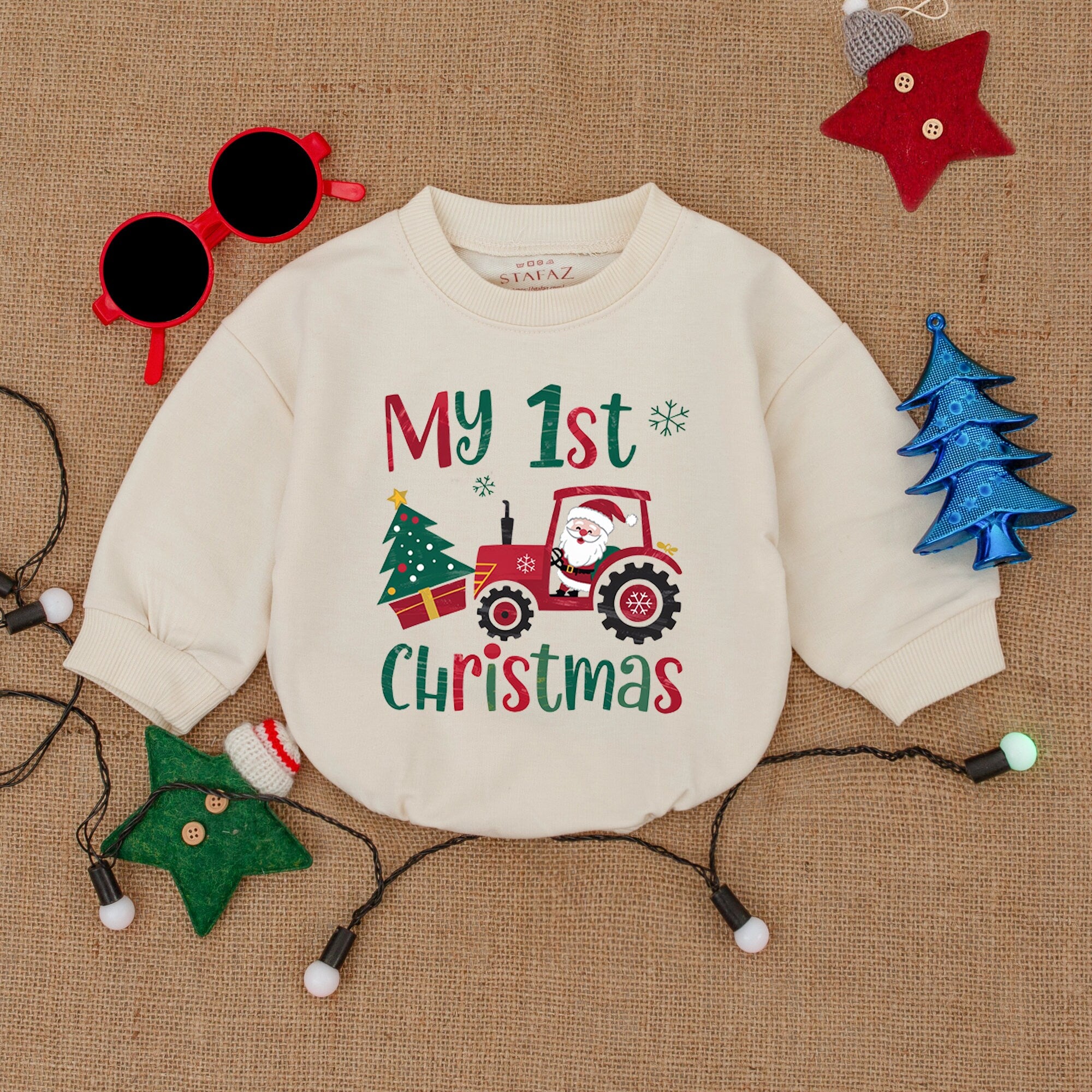 My 1st Christmas Baby Bodysuit with Red Tractor and Tree Newborn Holiday Outfit Cheerful Soft Cotton Snowflakes Gift Idea