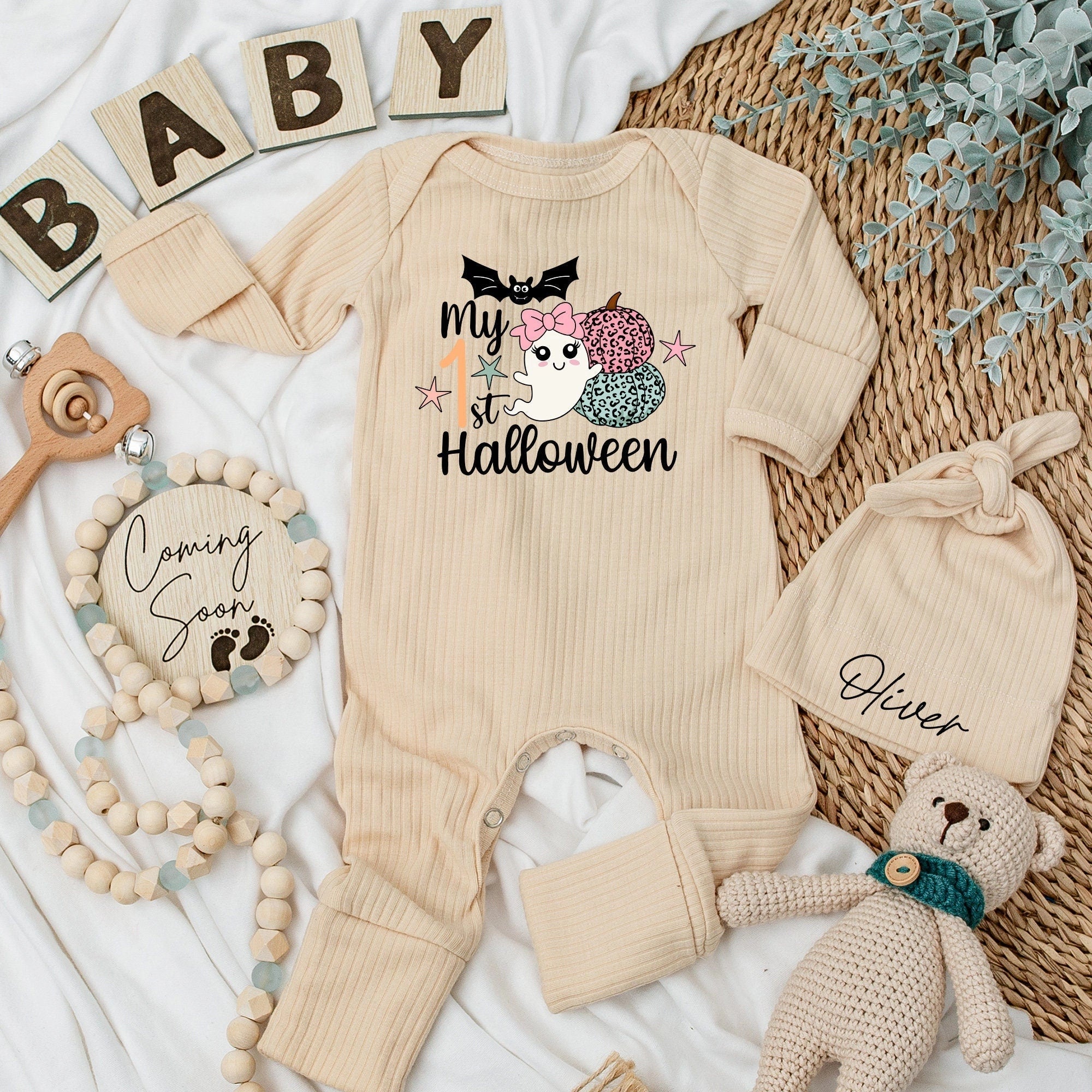My 1st Halloween Baby Bodysuit and Hat Set with Cute Ghost and Pumpkin Newborn Long Sleeve Outfit Gift Customizable Name