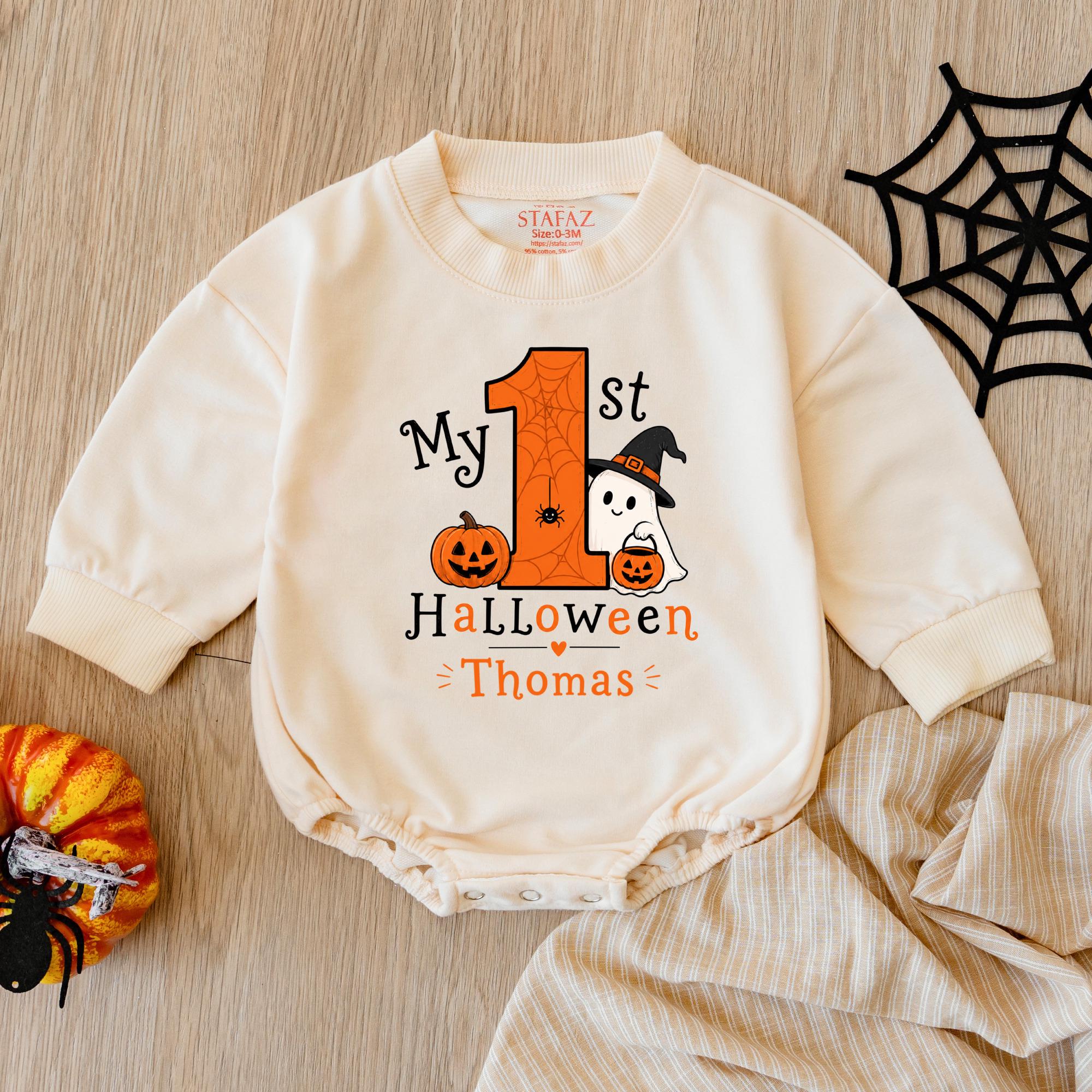 My 1st Halloween Baby Romper with Pumpkin and Ghost Design, Custom Name Outfit for Newborns and Infants, Fall Baby Shower Gift