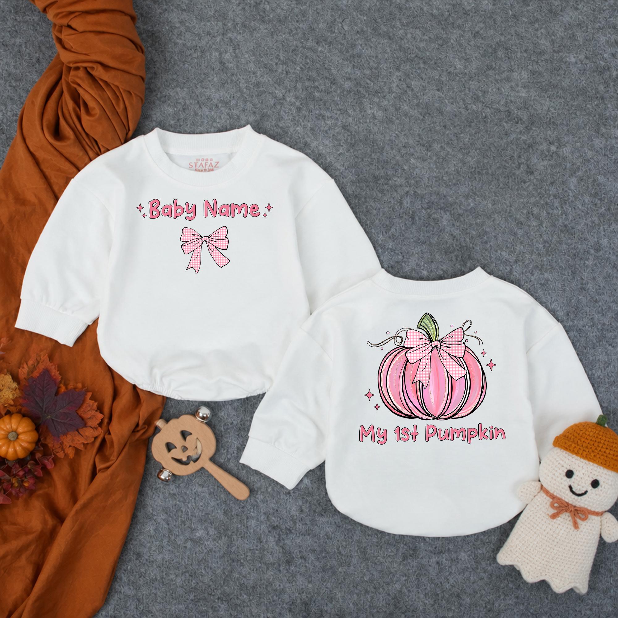 My 1st Pumpkin Baby Romper with Pink Bow and Custom Name, Fall Outfit for Girls, Halloween Pumpkin Patch or Milestone Photoshoot