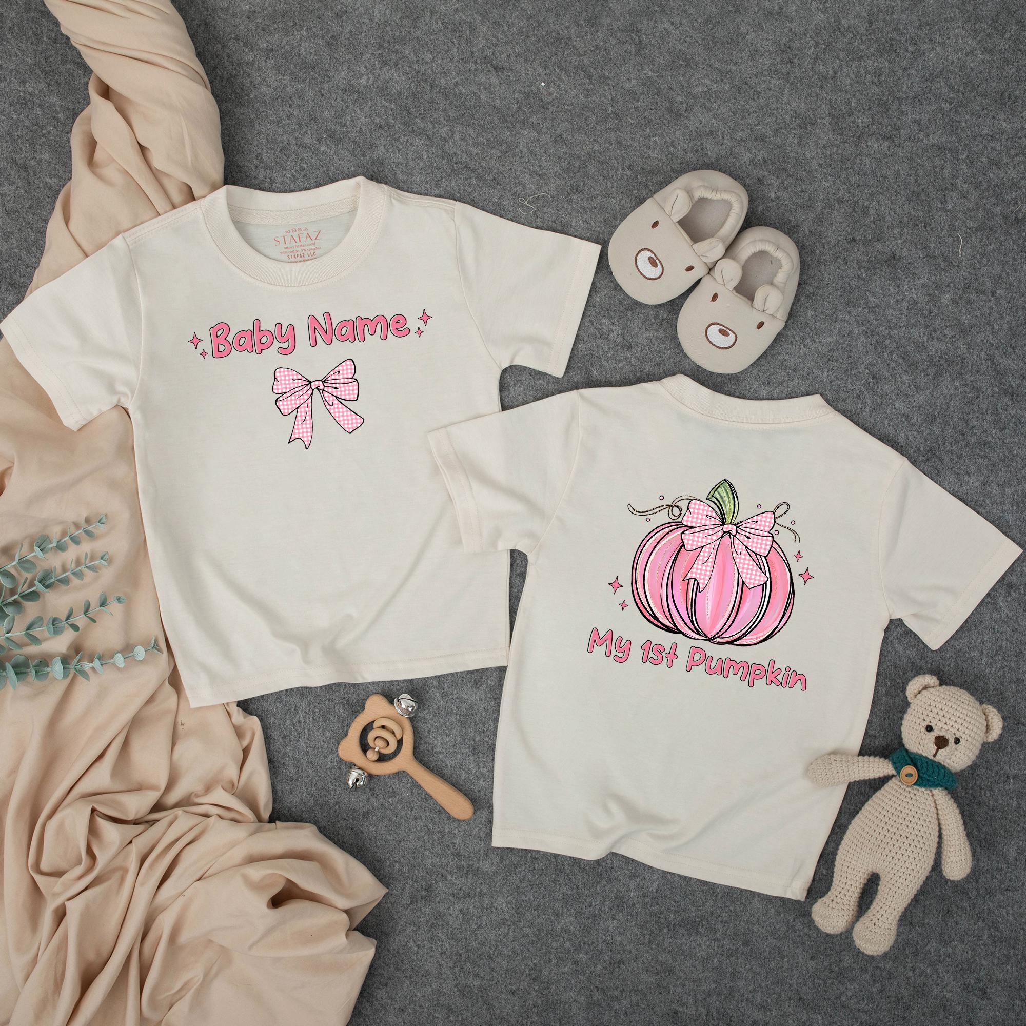 My 1st Pumpkin Baby Romper with Pink Bow and Custom Name, Fall Outfit for Girls, Halloween Pumpkin Patch or Milestone Photoshoot