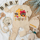 My 1st Thanksgiving Baby Bodysuit Hat Set Newborn Gift Long Sleeve Cute Turkey Autumn Leaves
