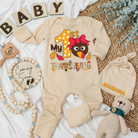 My 1st Thanksgiving Baby Bodysuit Hat Set Newborn Gift Long Sleeve Cute Turkey Autumn Leaves