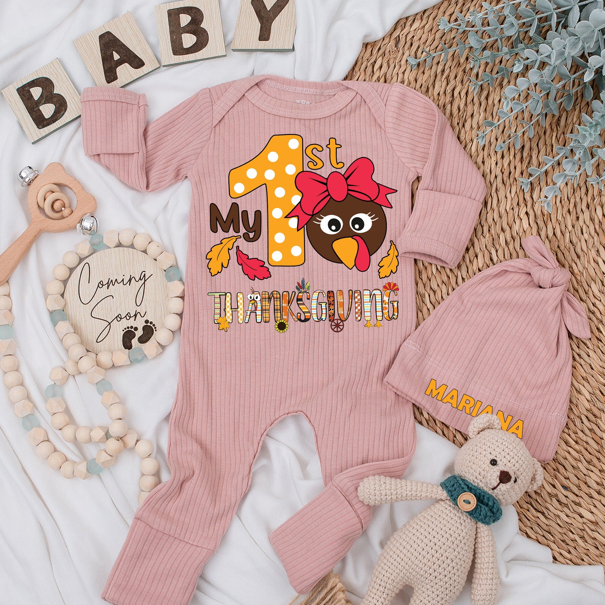 My 1st Thanksgiving Baby Bodysuit Hat Set Newborn Gift Long Sleeve Cute Turkey Autumn Leaves