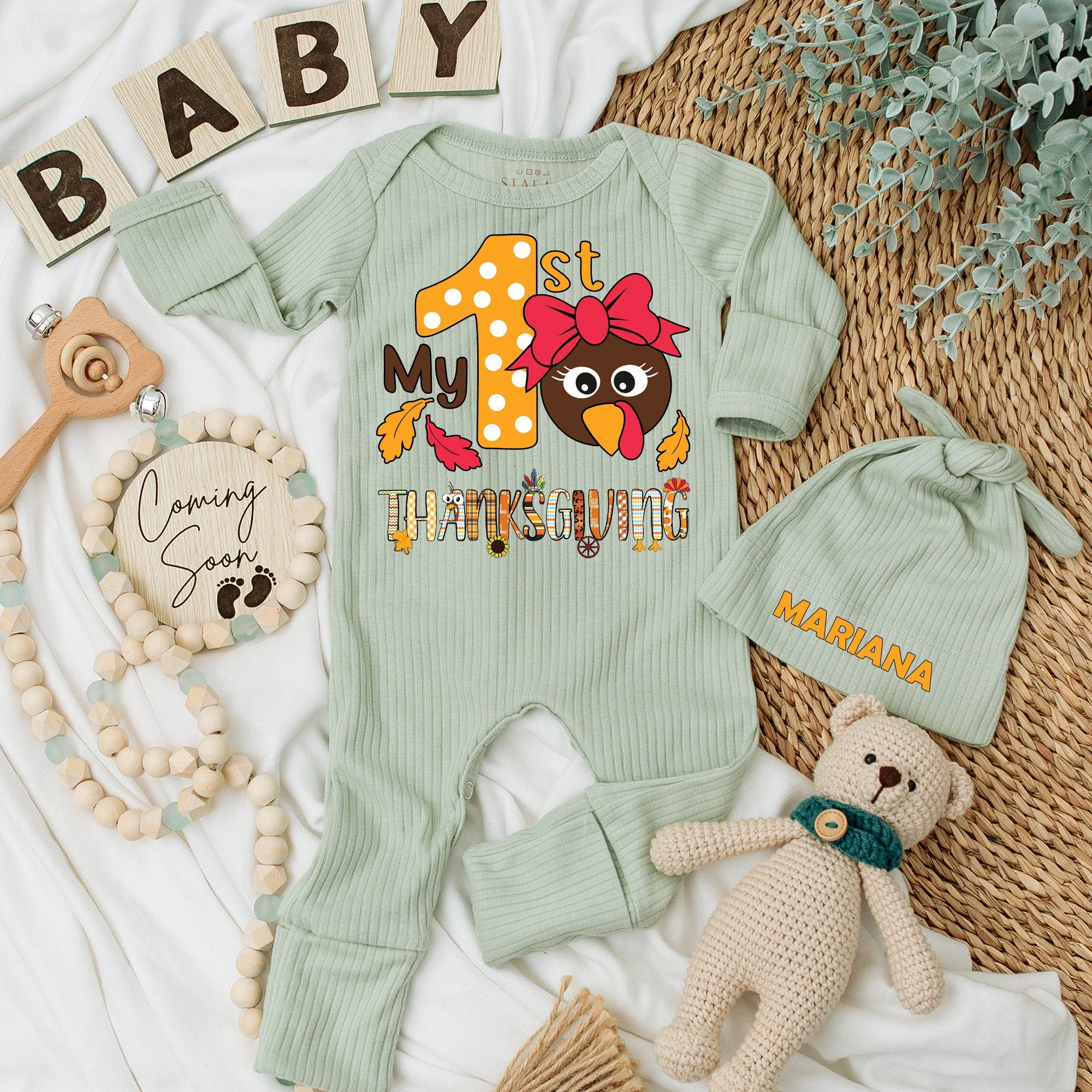 My 1st Thanksgiving Baby Bodysuit Hat Set Newborn Gift Long Sleeve Cute Turkey Autumn Leaves