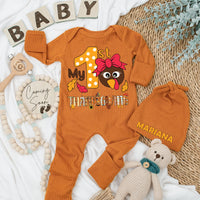 My 1st Thanksgiving Baby Bodysuit Hat Set Newborn Gift Long Sleeve Cute Turkey Autumn Leaves