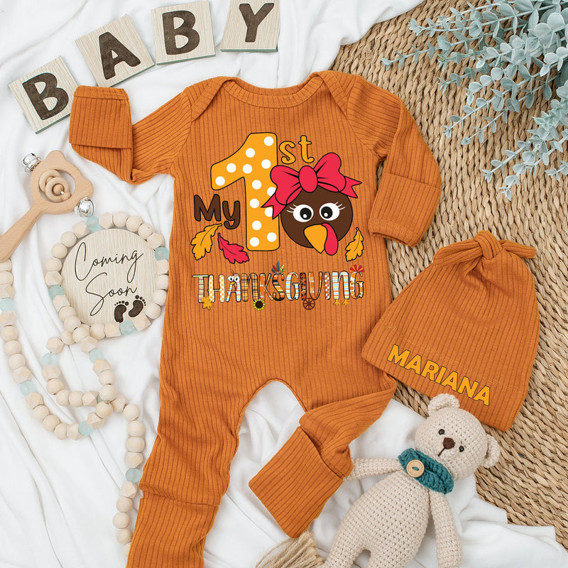 My 1st Thanksgiving Baby Bodysuit Hat Set Newborn Gift Long Sleeve Cute Turkey Autumn Leaves