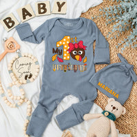 My 1st Thanksgiving Baby Bodysuit Hat Set Newborn Gift Long Sleeve Cute Turkey Autumn Leaves