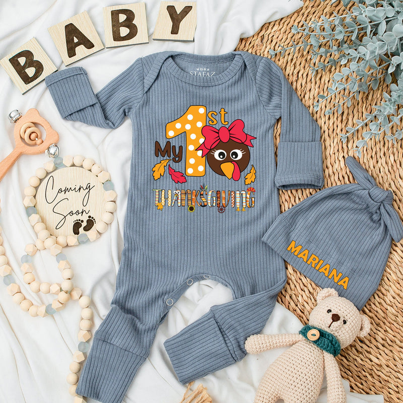 My 1st Thanksgiving Baby Bodysuit Hat Set Newborn Gift Long Sleeve Cute Turkey Autumn Leaves