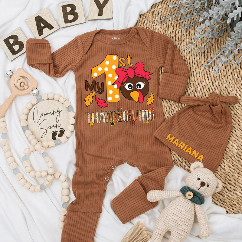 My 1st Thanksgiving Baby Bodysuit Hat Set Newborn Gift Long Sleeve Cute Turkey Autumn Leaves