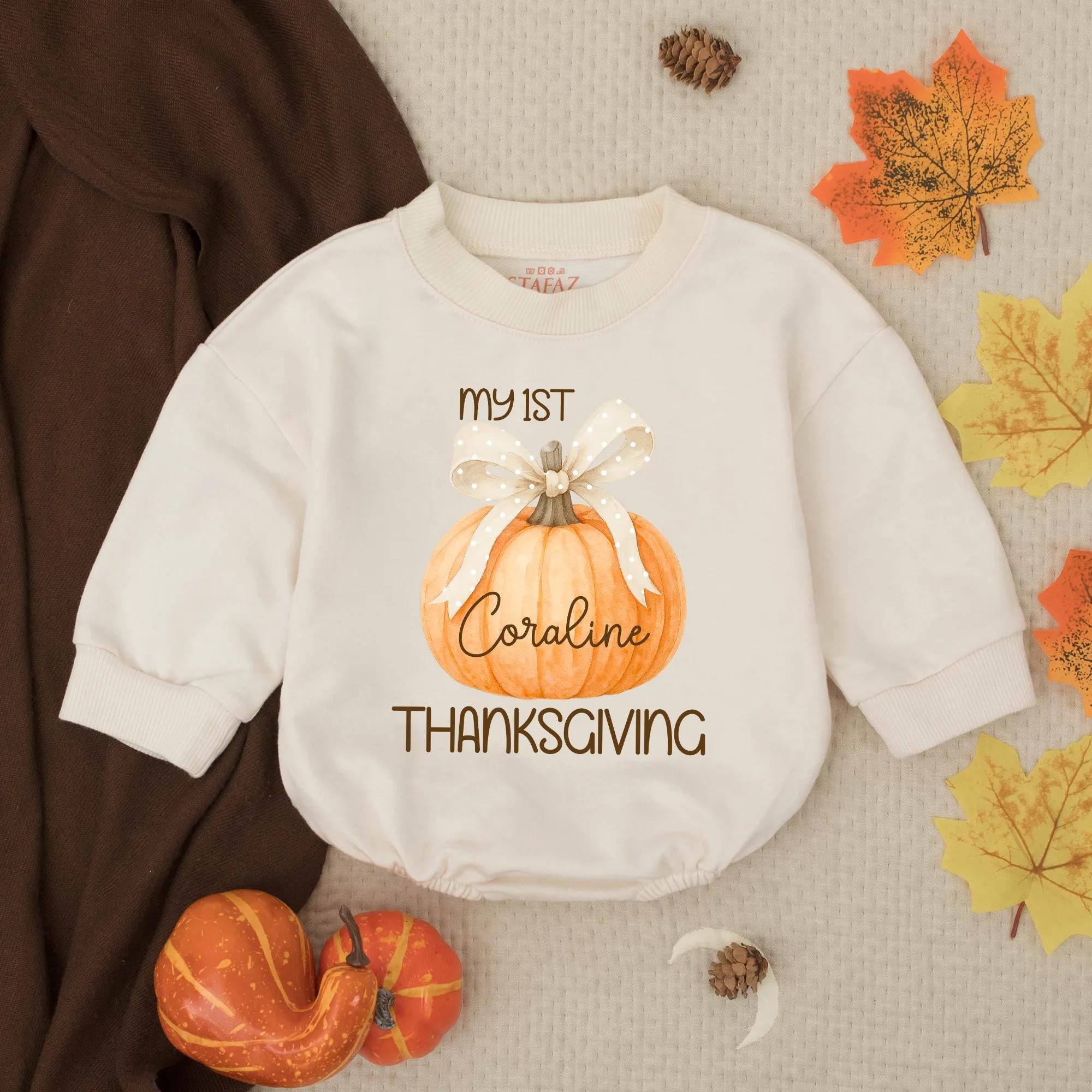 My 1st Thanksgiving Baby Romper with Pumpkin Bow Design and Custom Name, Fall Newborn Outfit for Holiday Photos & Gifting