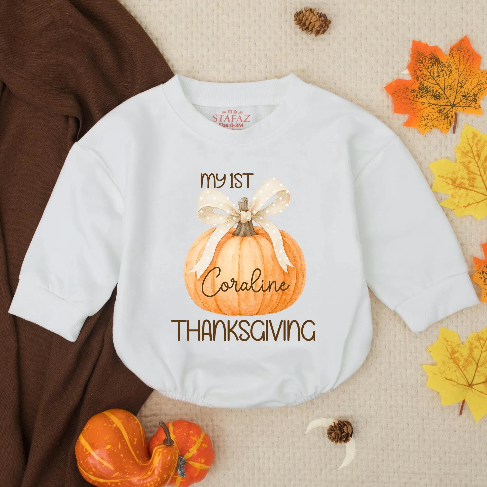 My 1st Thanksgiving Baby Romper with Pumpkin Bow Design and Custom Name, Fall Newborn Outfit for Holiday Photos & Gifting