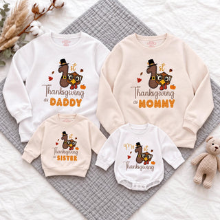 My 1st Thanksgiving Matching Family Sweatshirts with Cute Turkey Artwork, Personalized Shirts for Baby, Mommy, Daddy, and Siblings