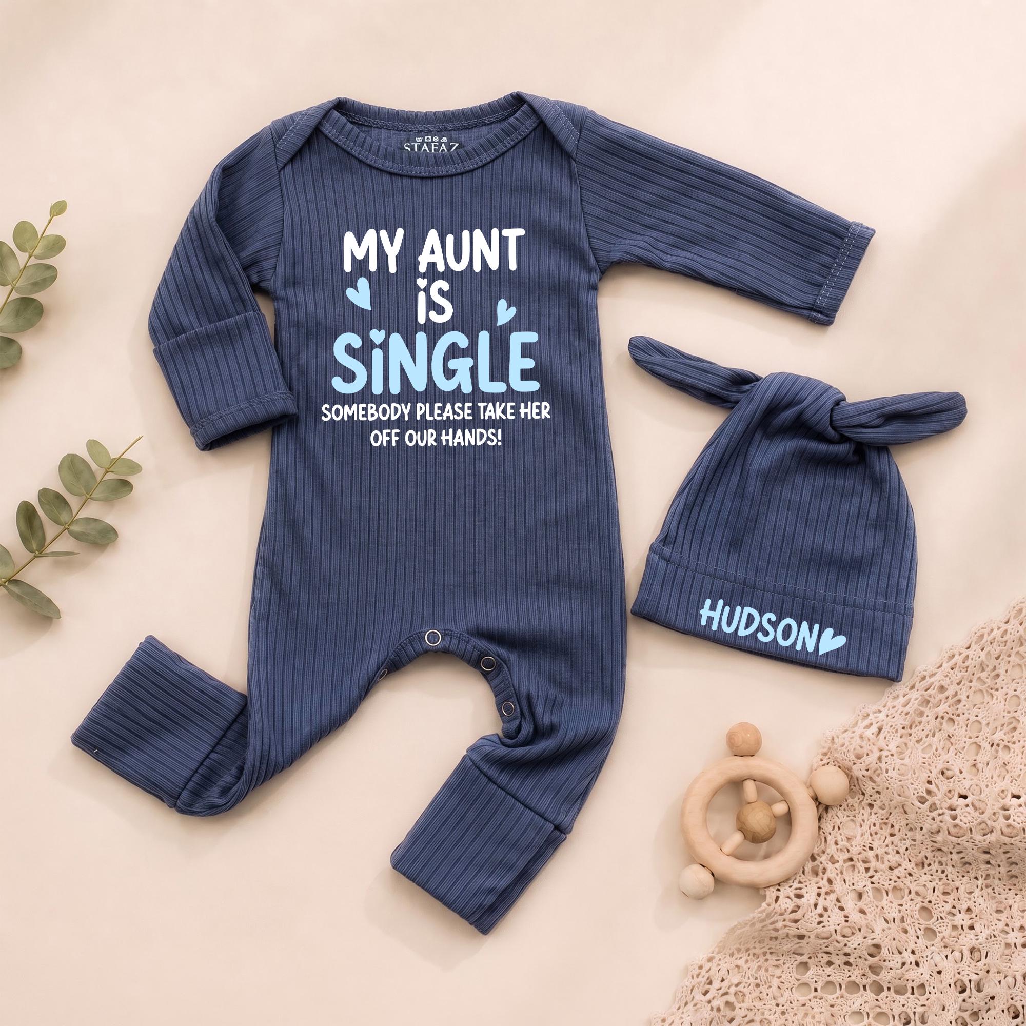 My Aunt Is Single Baby Bodysuit and Custom Name Hat Set, Funny Newborn Outfit for Hospital Coming Home or Baby Shower Gift