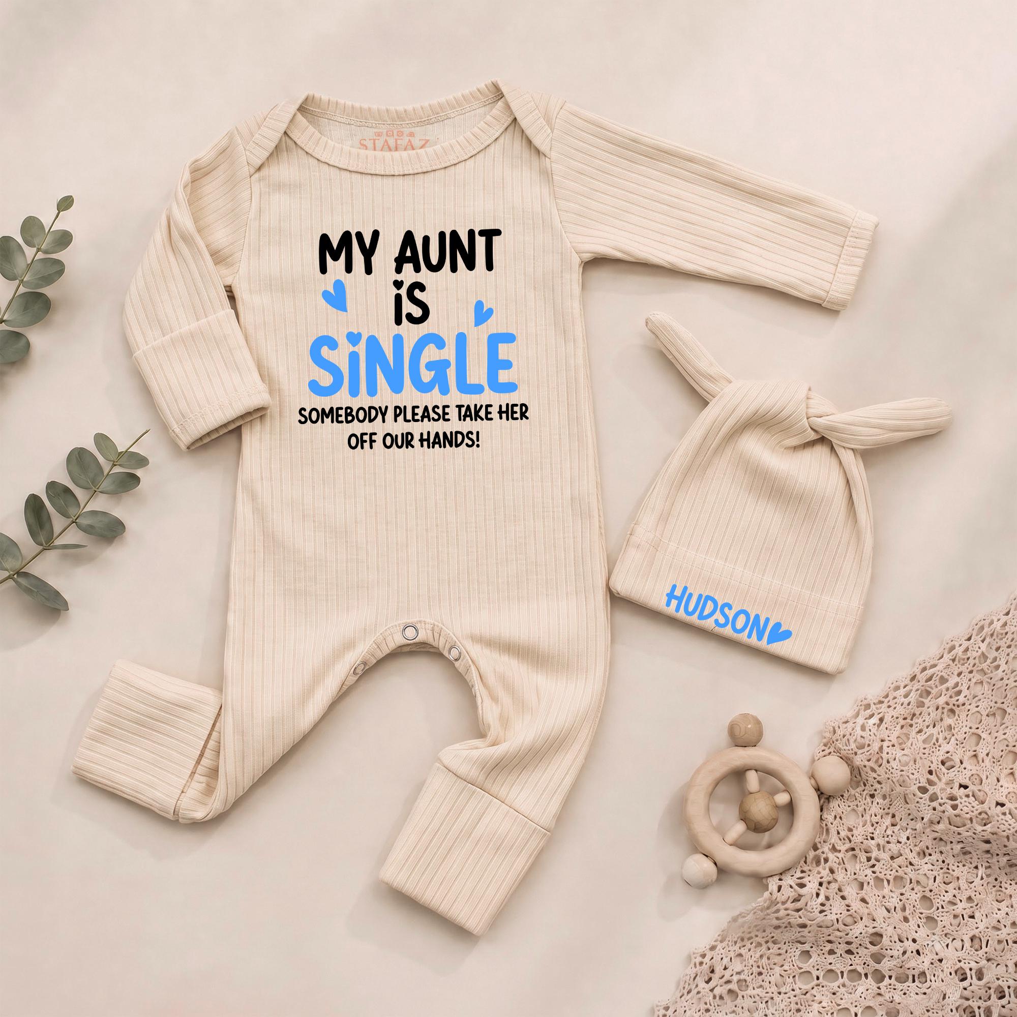 My Aunt Is Single Baby Bodysuit and Custom Name Hat Set, Funny Newborn Outfit for Hospital Coming Home or Baby Shower Gift