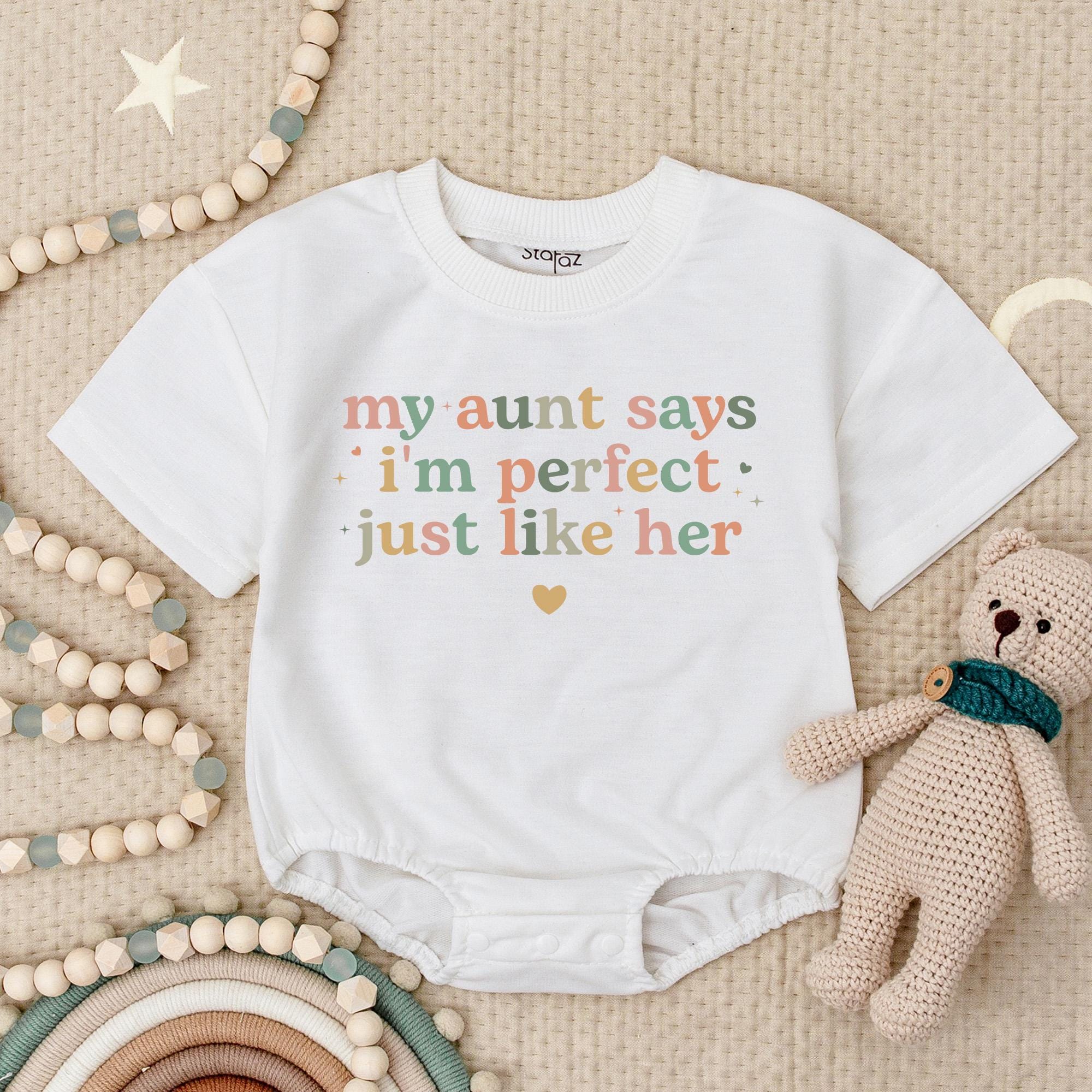 My Aunt Says I'm Perfect Just Like Her Baby Romper Colorful Fun Bodysuit Adorable Infant Outfit Playful Stars Heart Design Gift