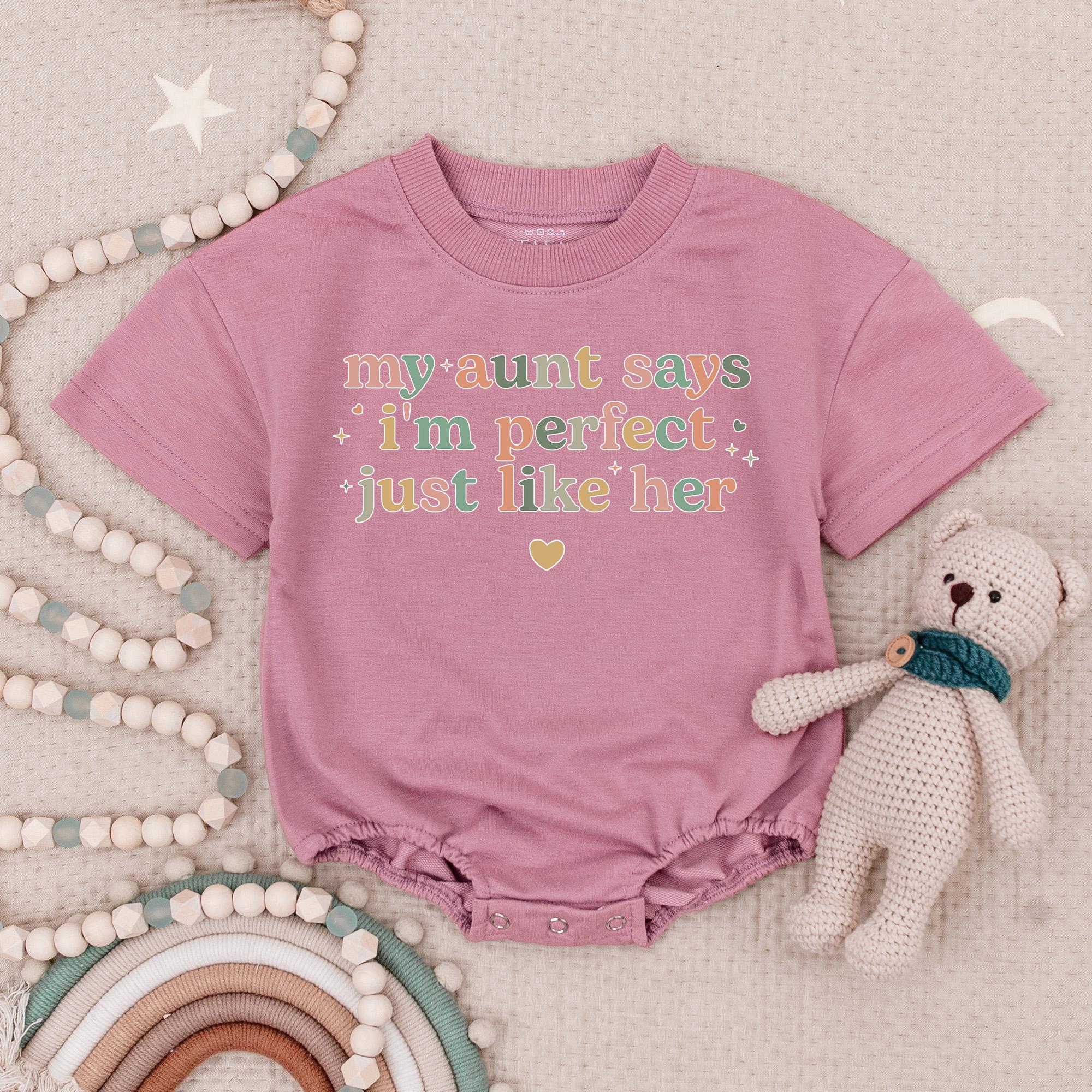 My Aunt Says I'm Perfect Just Like Her Baby Romper Colorful Fun Bodysuit Adorable Infant Outfit Playful Stars Heart Design Gift